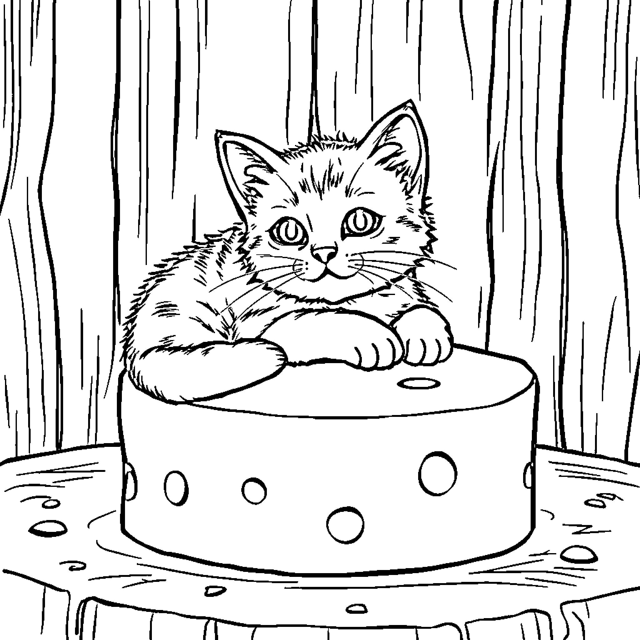 Gato peeking out from the dish Coloring Page (free black-and-white line drawing printable PDF for all, from beginners to advanced learners, including children, teens, adults, and seniors)