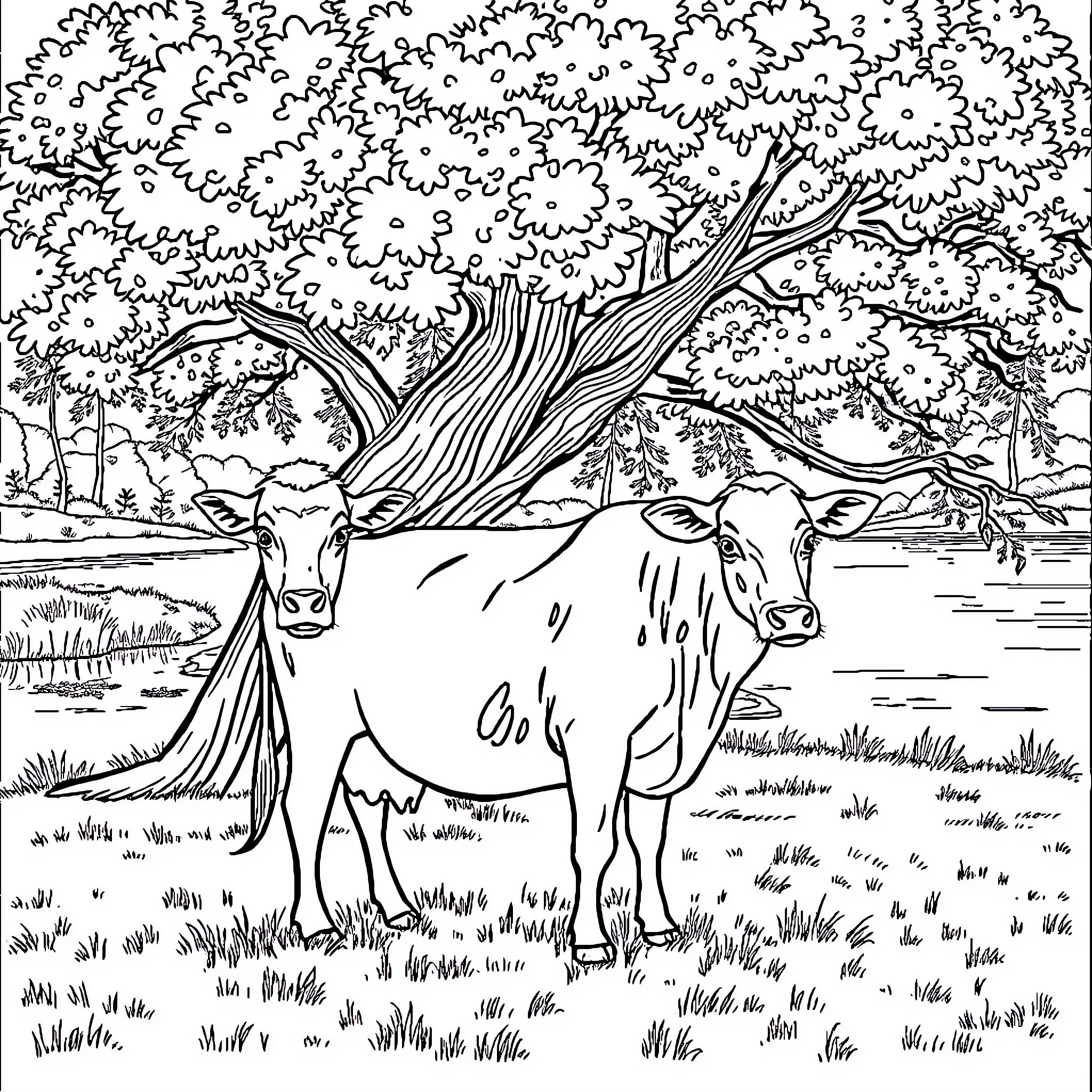 Cow resting under shady tree in peaceful field Coloring Page (free black-and-white line drawing printable PDF for all, from beginners to advanced learners, including children, teens, adults, and seniors)