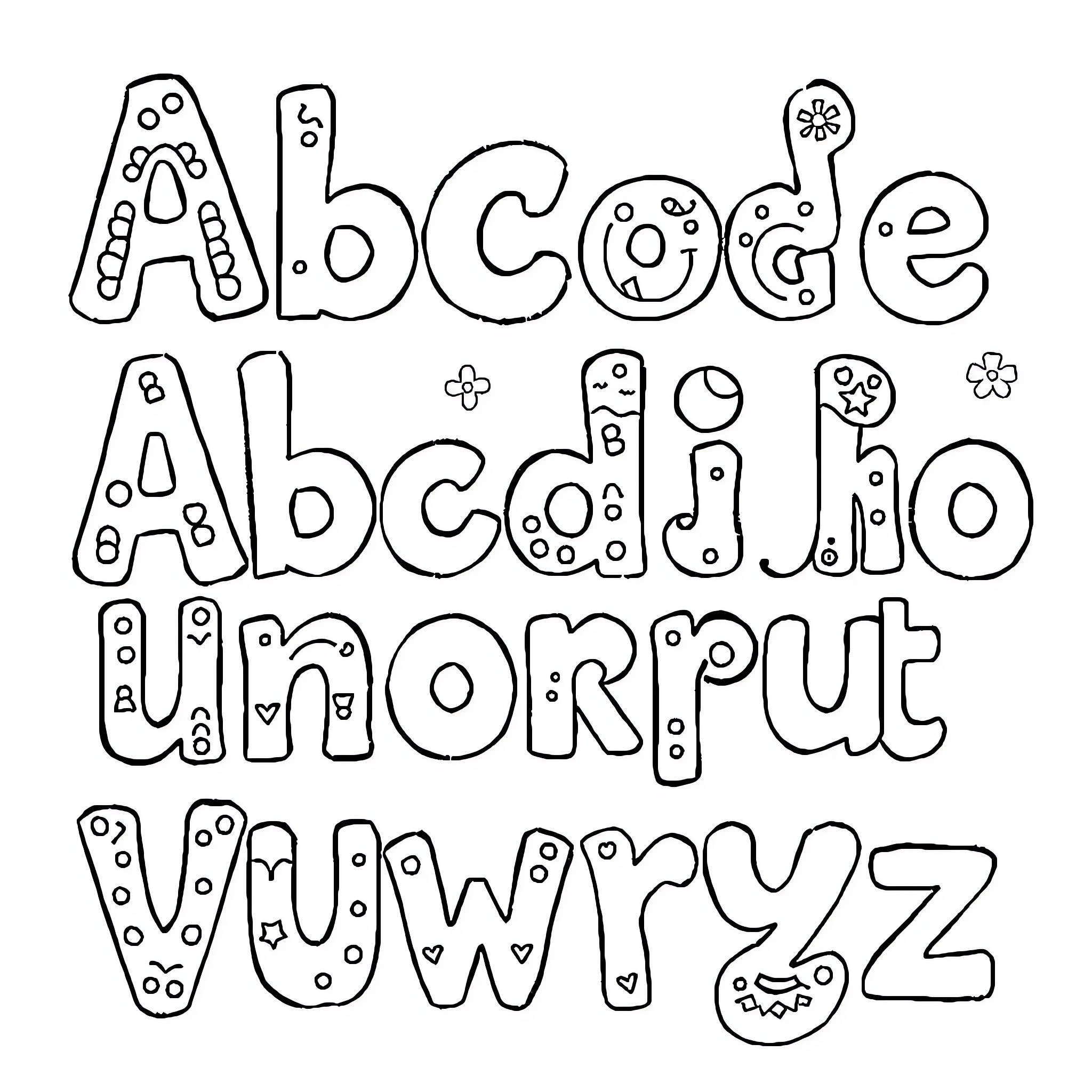 Alphabet with playful and abstract decorative elements Coloring Page (free black-and-white line drawing printable PDF for all, from beginners to advanced learners, including children, teens, adults, and seniors)
