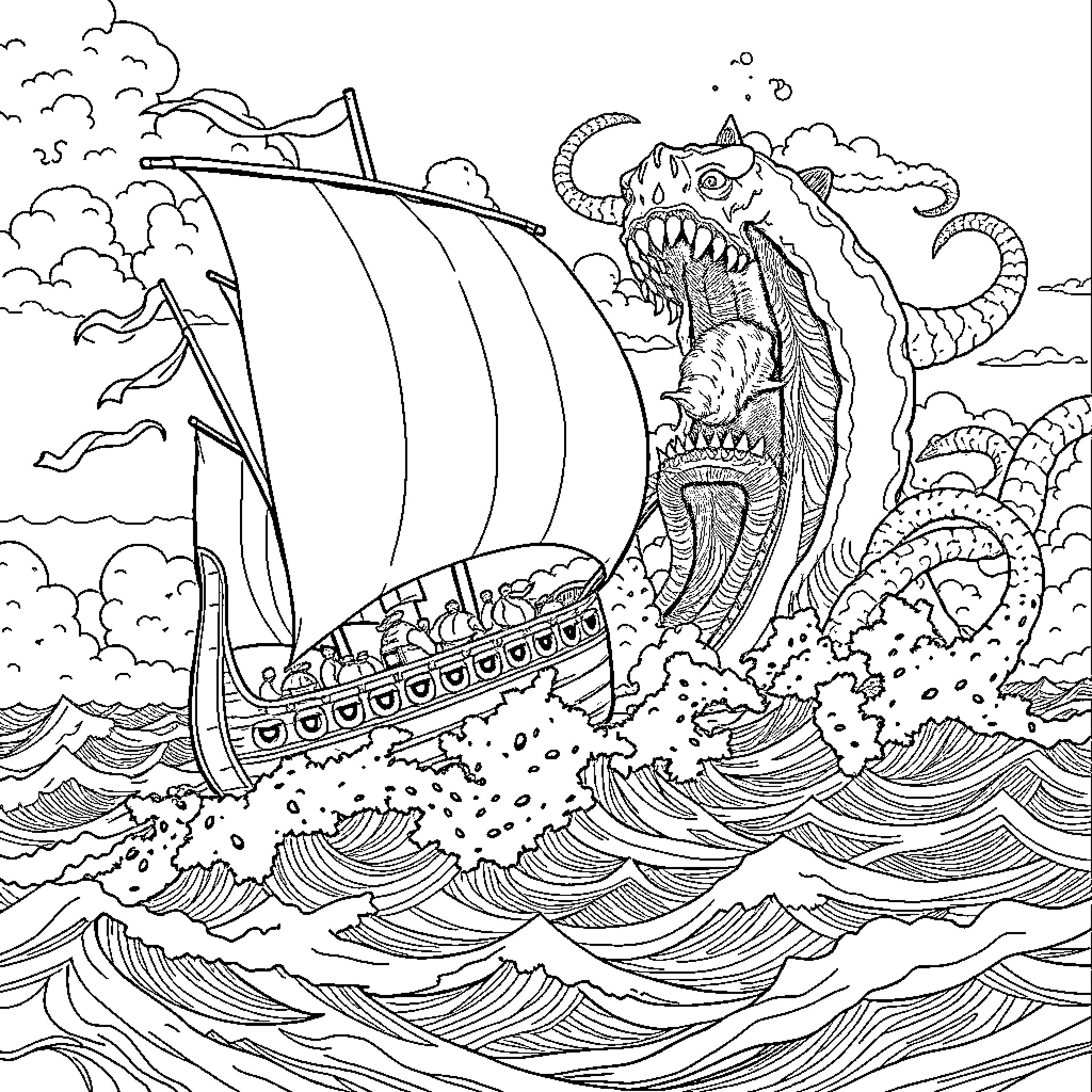 Viking Ship Battling Mythical Sea Creature in Stormy Waters Coloring Page (free black-and-white line drawing printable PDF for all, from beginners to advanced learners, including children, teens, adults, and seniors)