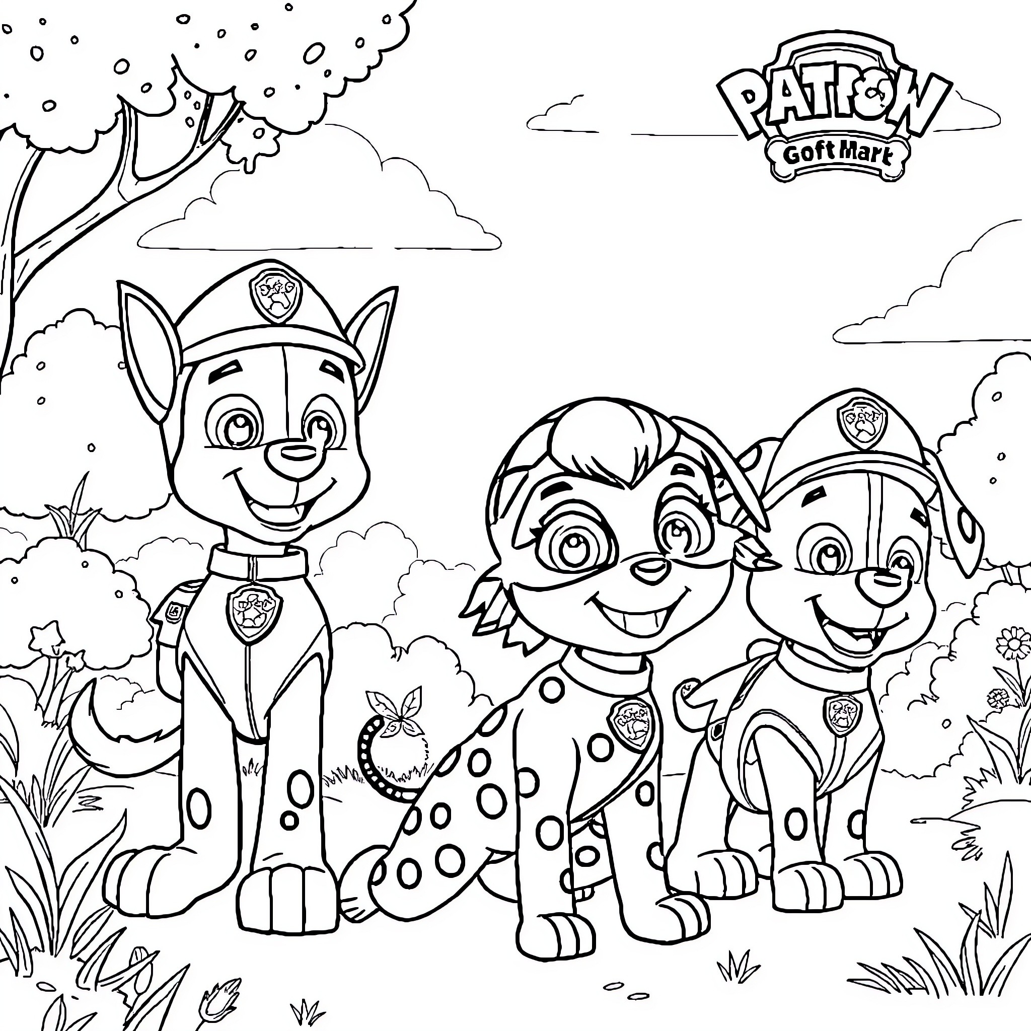 Ladybug pups explore the Paw Patrol world Coloring Page (free black-and-white line drawing printable PDF for all, from beginners to advanced learners, including children, teens, adults, and seniors)