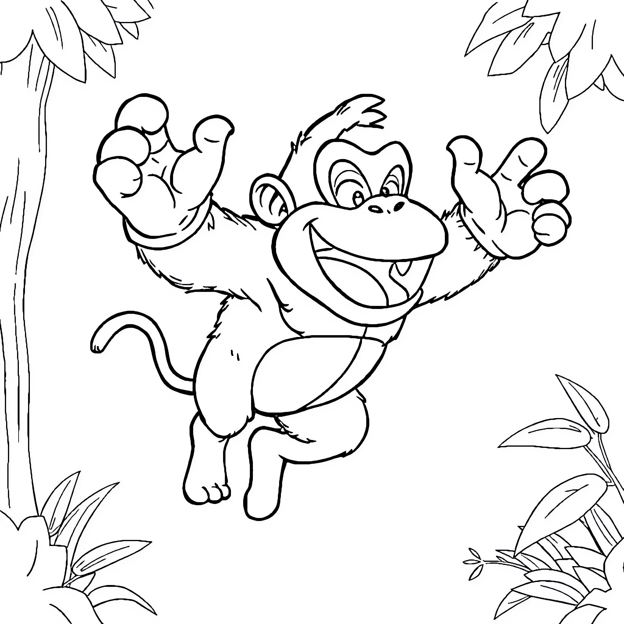 Donkey Kong jumping happily in the jungle Coloring Page (free black-and-white line drawing printable PDF for all, from beginners to advanced learners, including children, teens, adults, and seniors)
