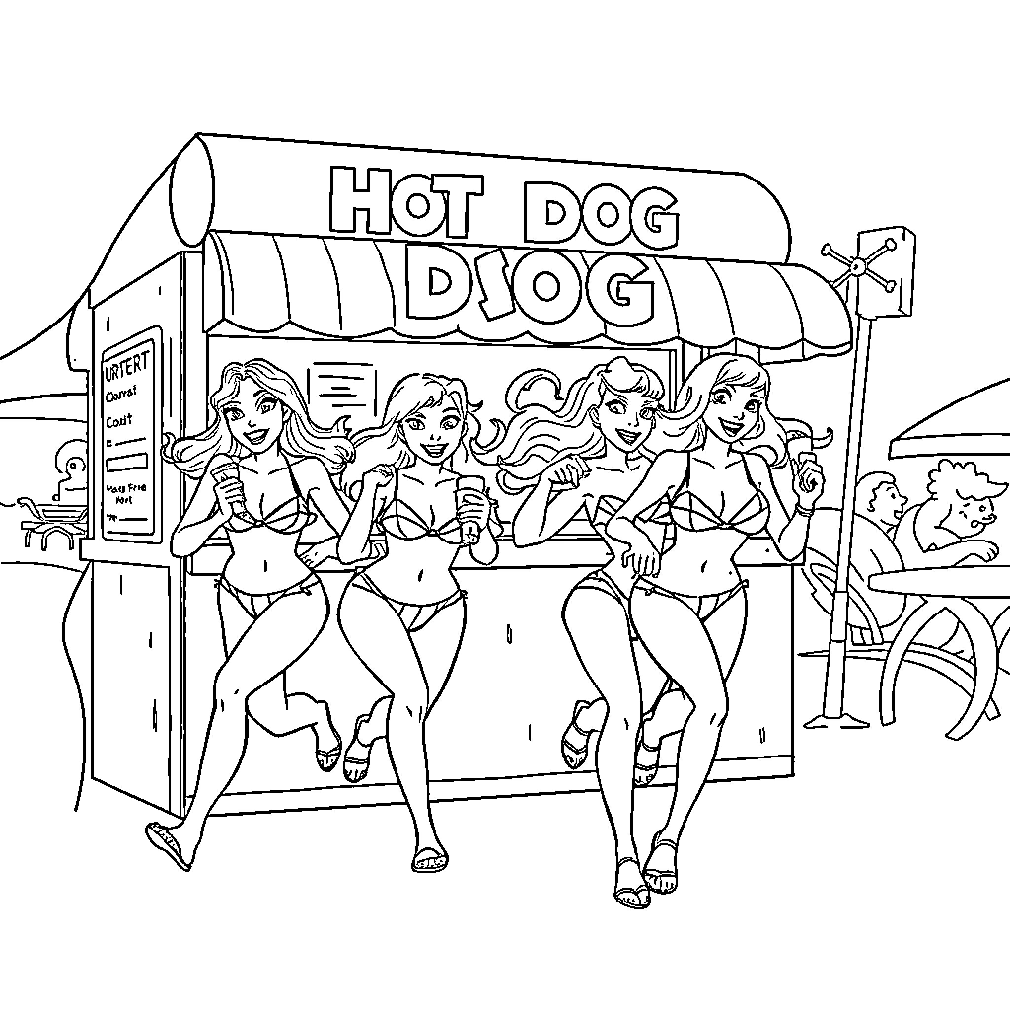 Girl Group Poses at Hot Dog Stand Coloring Page (free black-and-white line drawing printable PDF for all, from beginners to advanced learners, including children, teens, adults, and seniors)