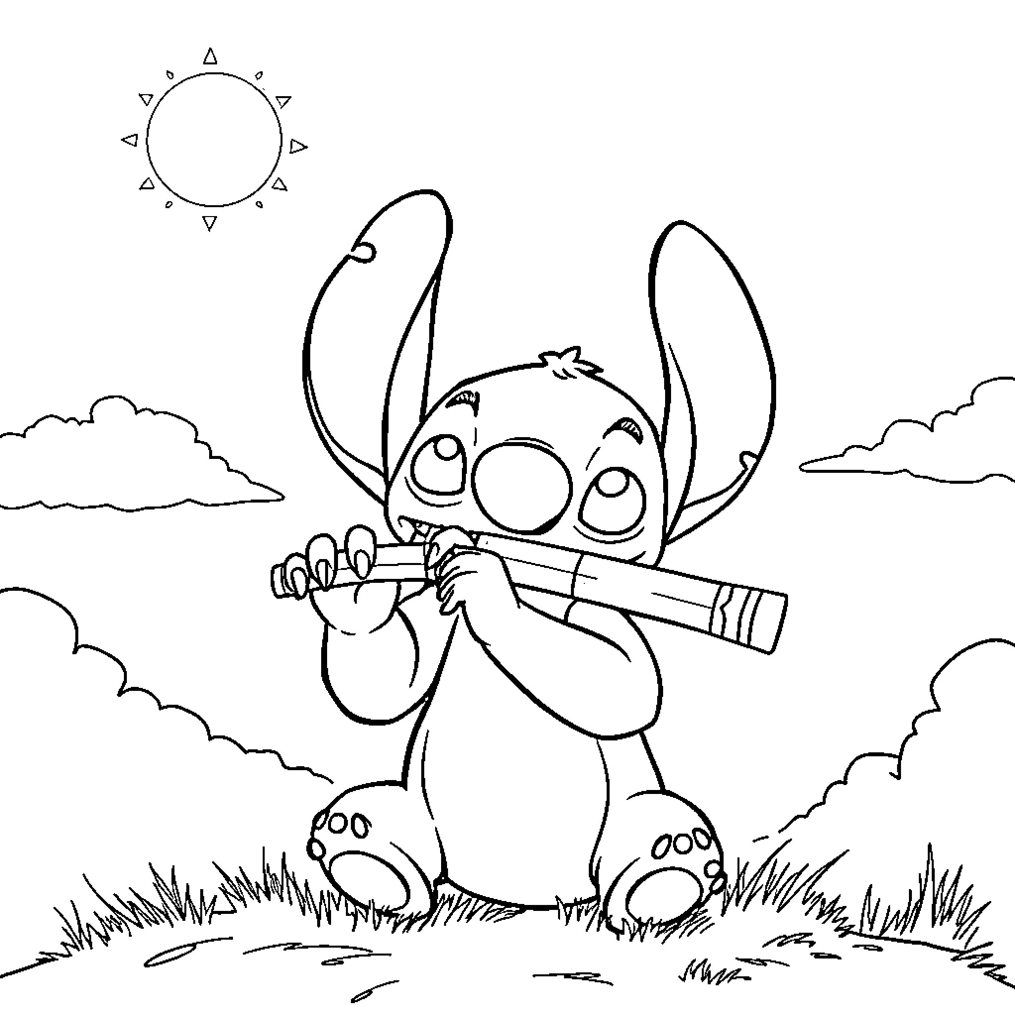 Stitch exploring the outdoors with a stick Coloring Page (free black-and-white line drawing printable PDF for all, from beginners to advanced learners, including children, teens, adults, and seniors)