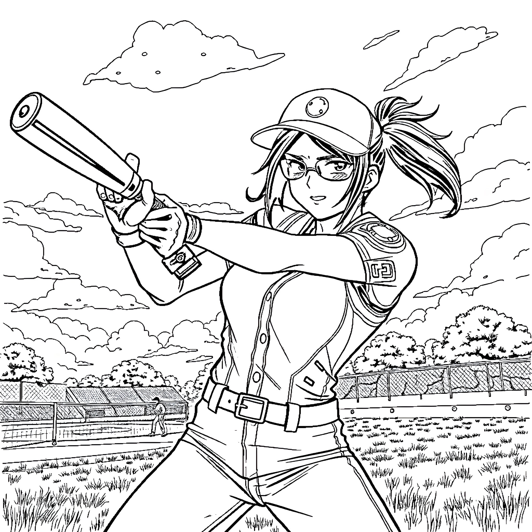 Alita ready for action in baseball stadium Coloring Page (free black-and-white line drawing printable PDF for all, from beginners to advanced learners, including children, teens, adults, and seniors)