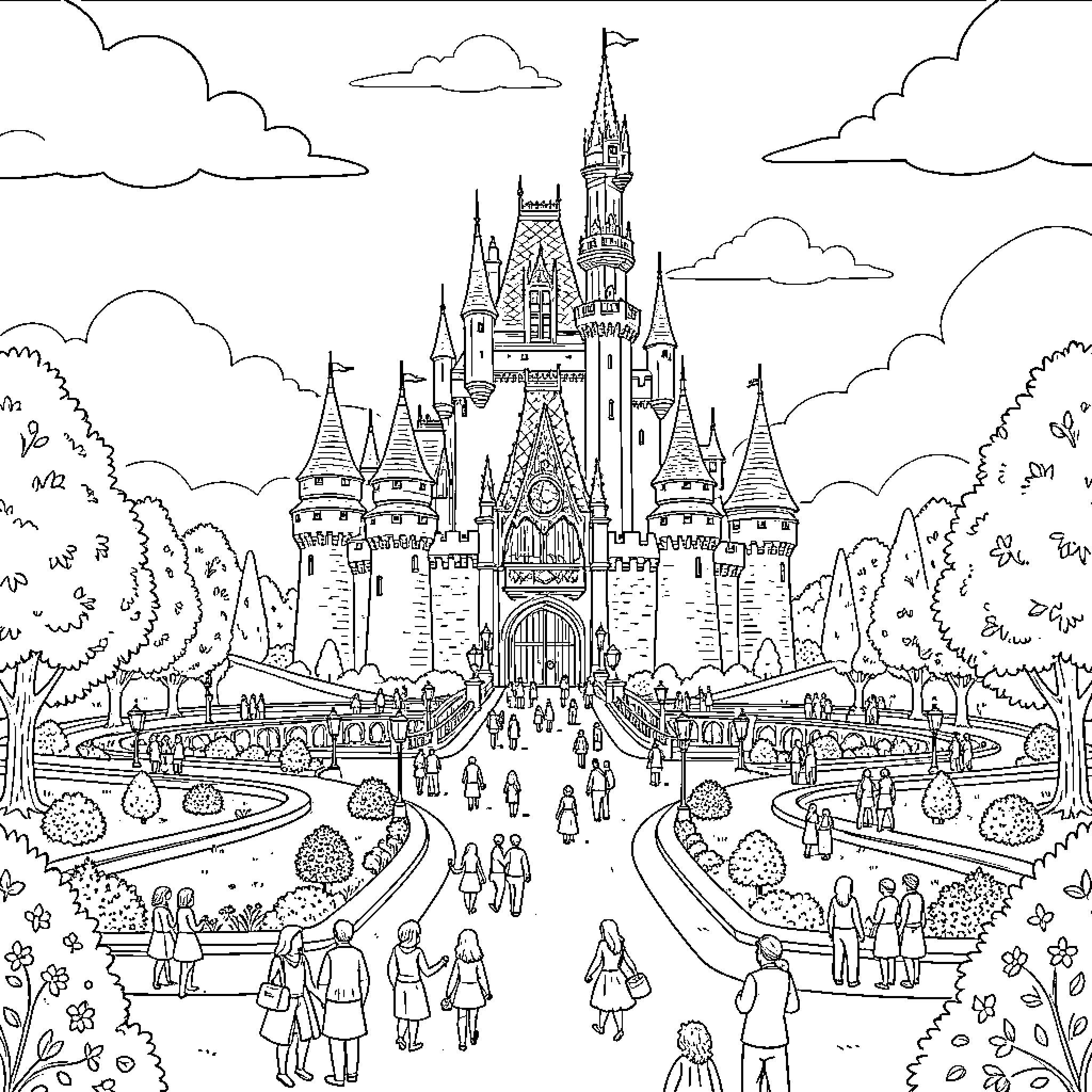 Château with many people walking through the courtyard Coloring Page (free black-and-white line drawing printable PDF for all, from beginners to advanced learners, including children, teens, adults, and seniors)