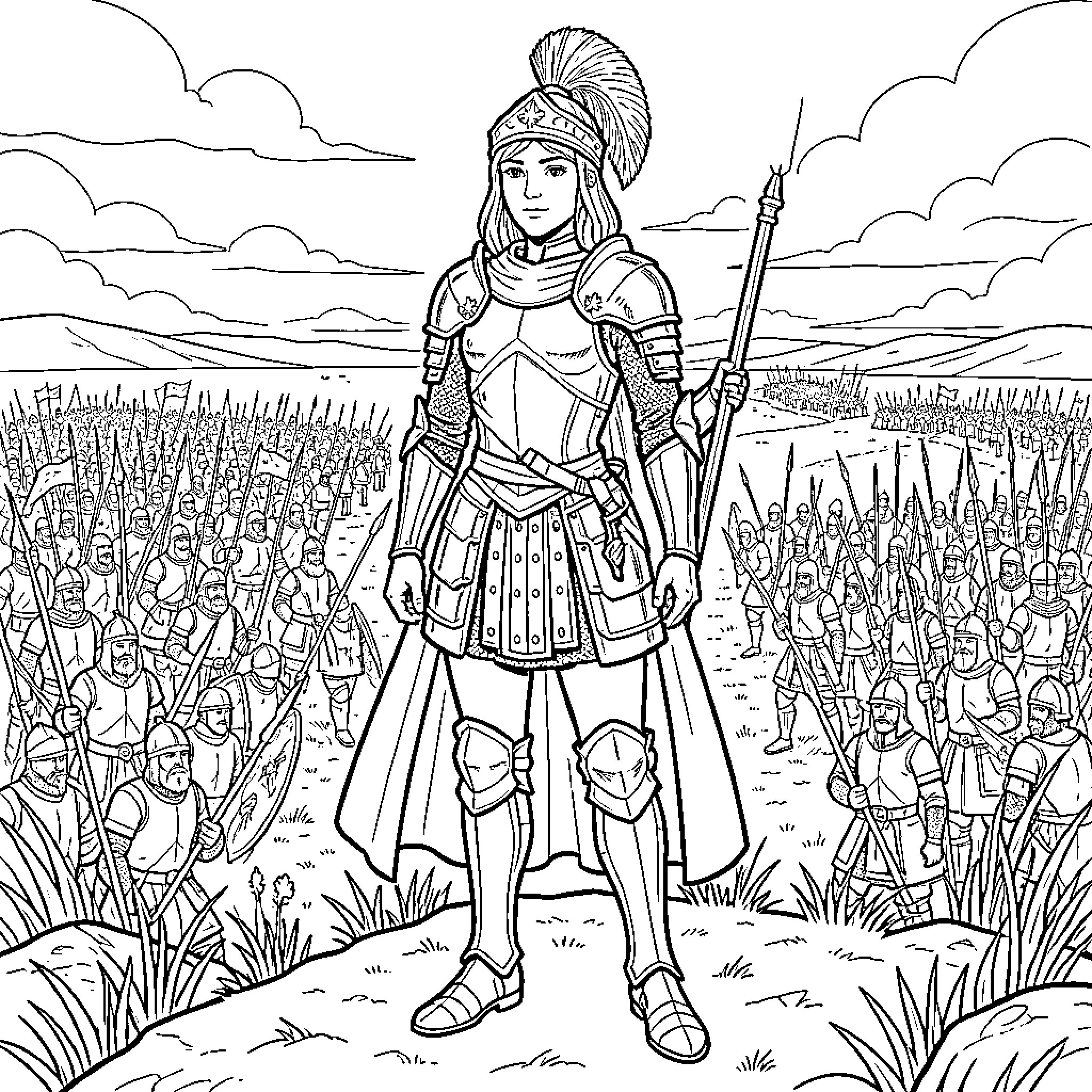 Juana de Arco leading an army in the battlefield Coloring Page (free black-and-white line drawing printable PDF for all, from beginners to advanced learners, including children, teens, adults, and seniors)