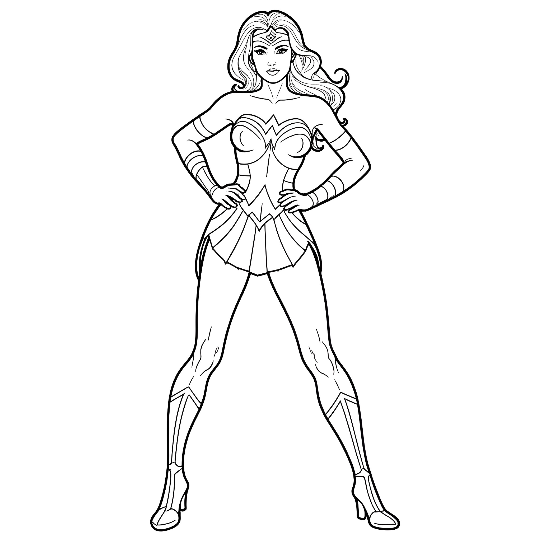 Wonder Woman in heroic action pose Coloring Page (free black-and-white line drawing printable PDF for all, from beginners to advanced learners, including children, teens, adults, and seniors)