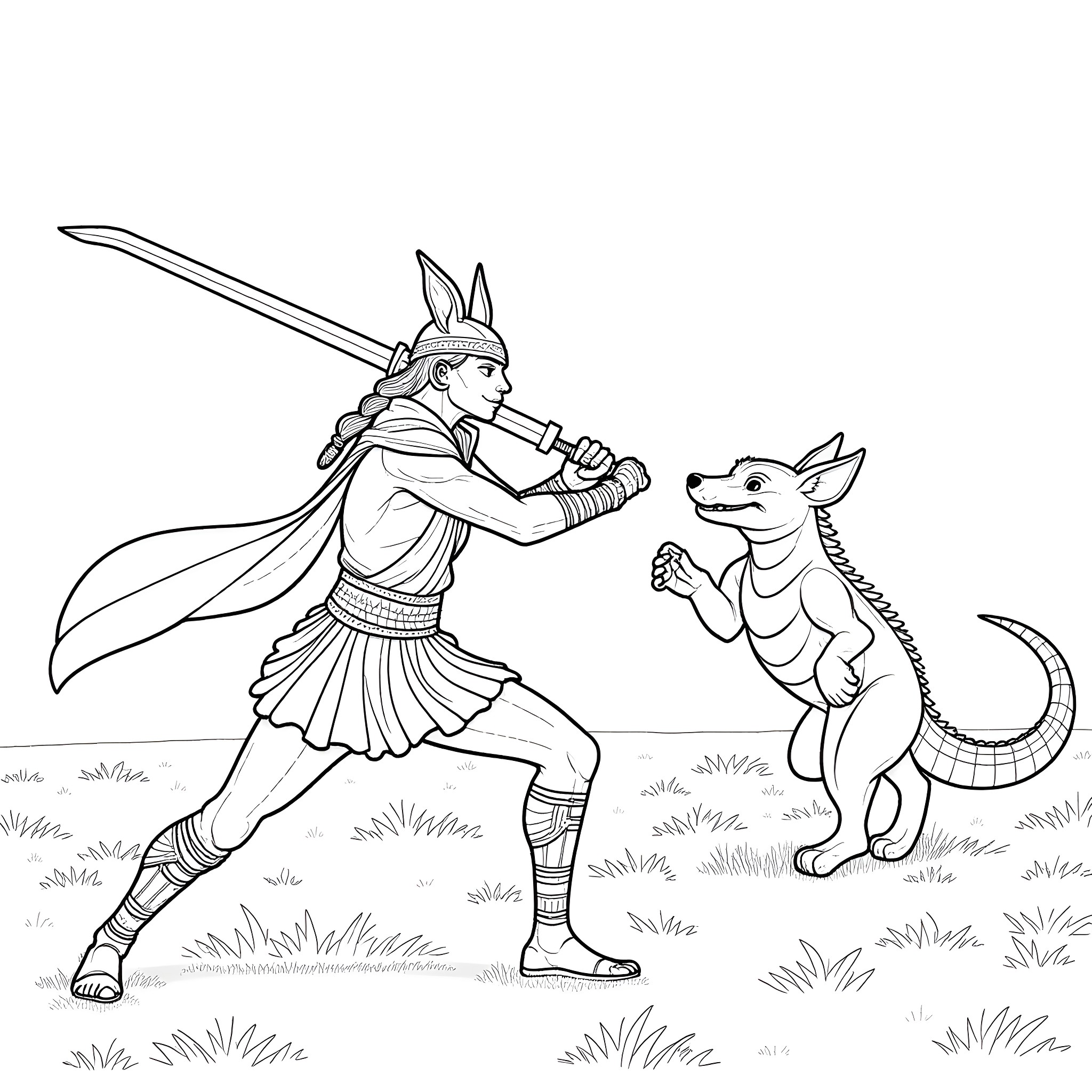 Khajiit warrior confronting a foe in the wilderness Coloring Page (free black-and-white line drawing printable PDF for all, from beginners to advanced learners, including children, teens, adults, and seniors)