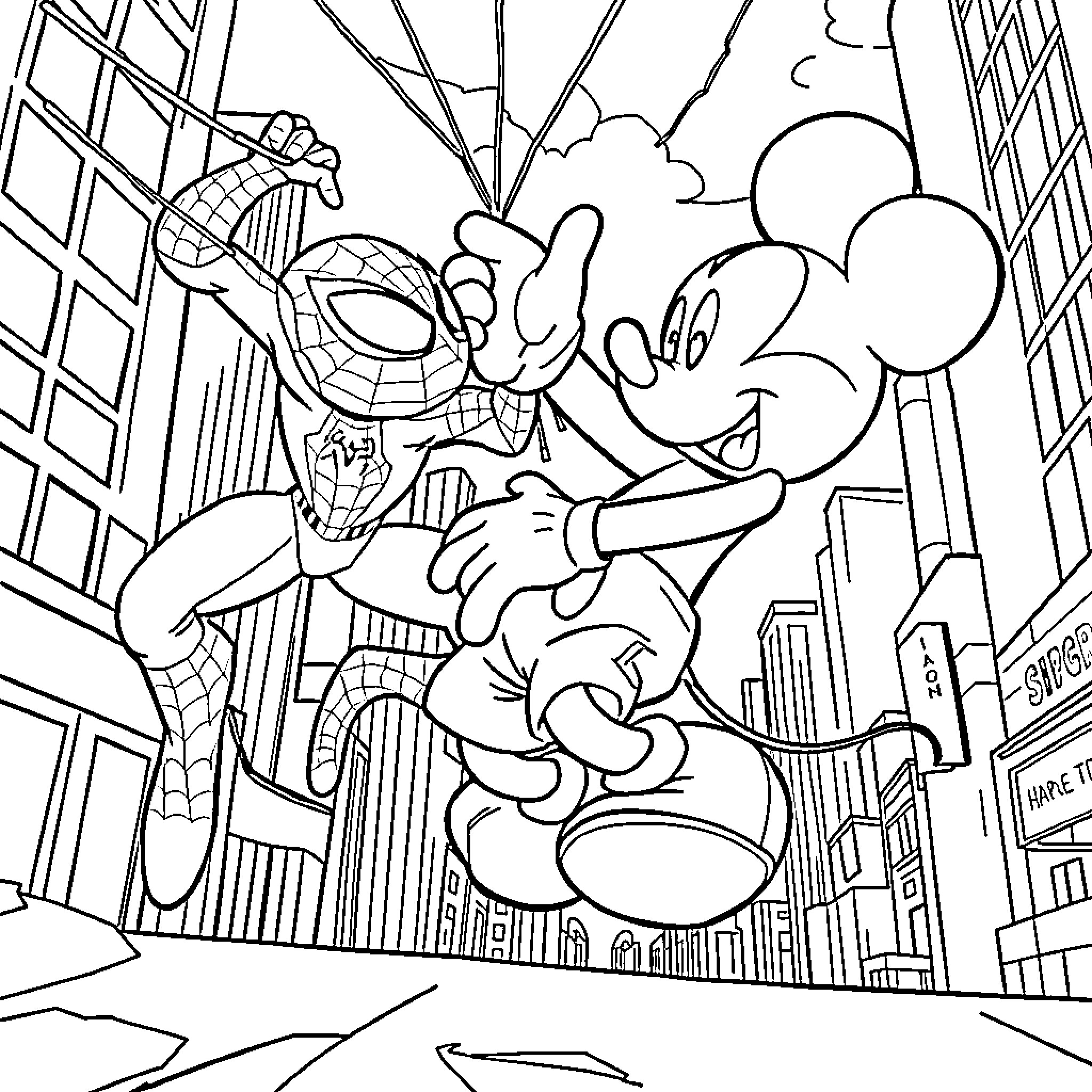 Mickey Mouse and Spiderman explore the city together Coloring Page (free black-and-white line drawing printable PDF for all, from beginners to advanced learners, including children, teens, adults, and seniors)