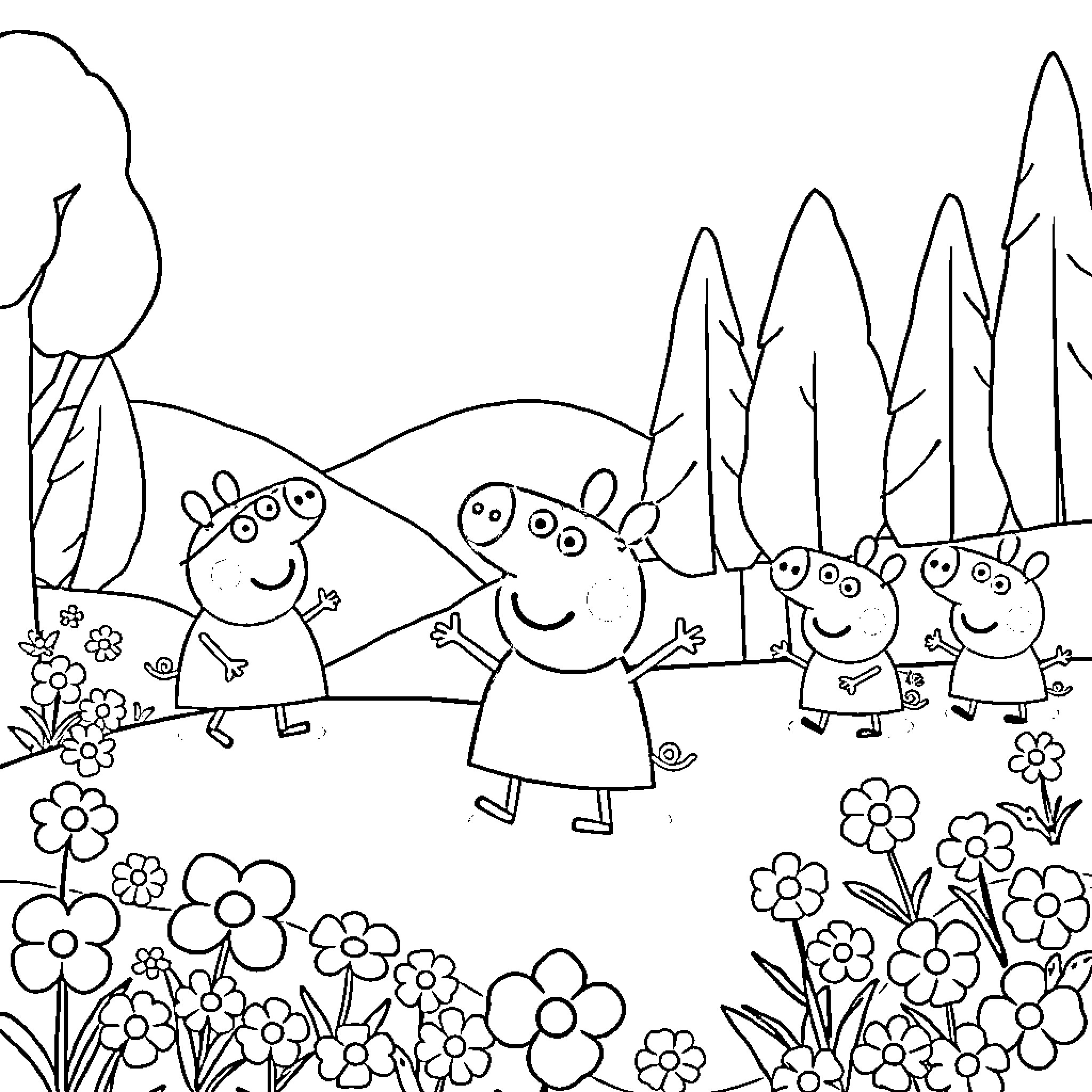 Peppa Pig and family explore the outdoors Coloring Page (free black-and-white line drawing printable PDF for all, from beginners to advanced learners, including children, teens, adults, and seniors)
