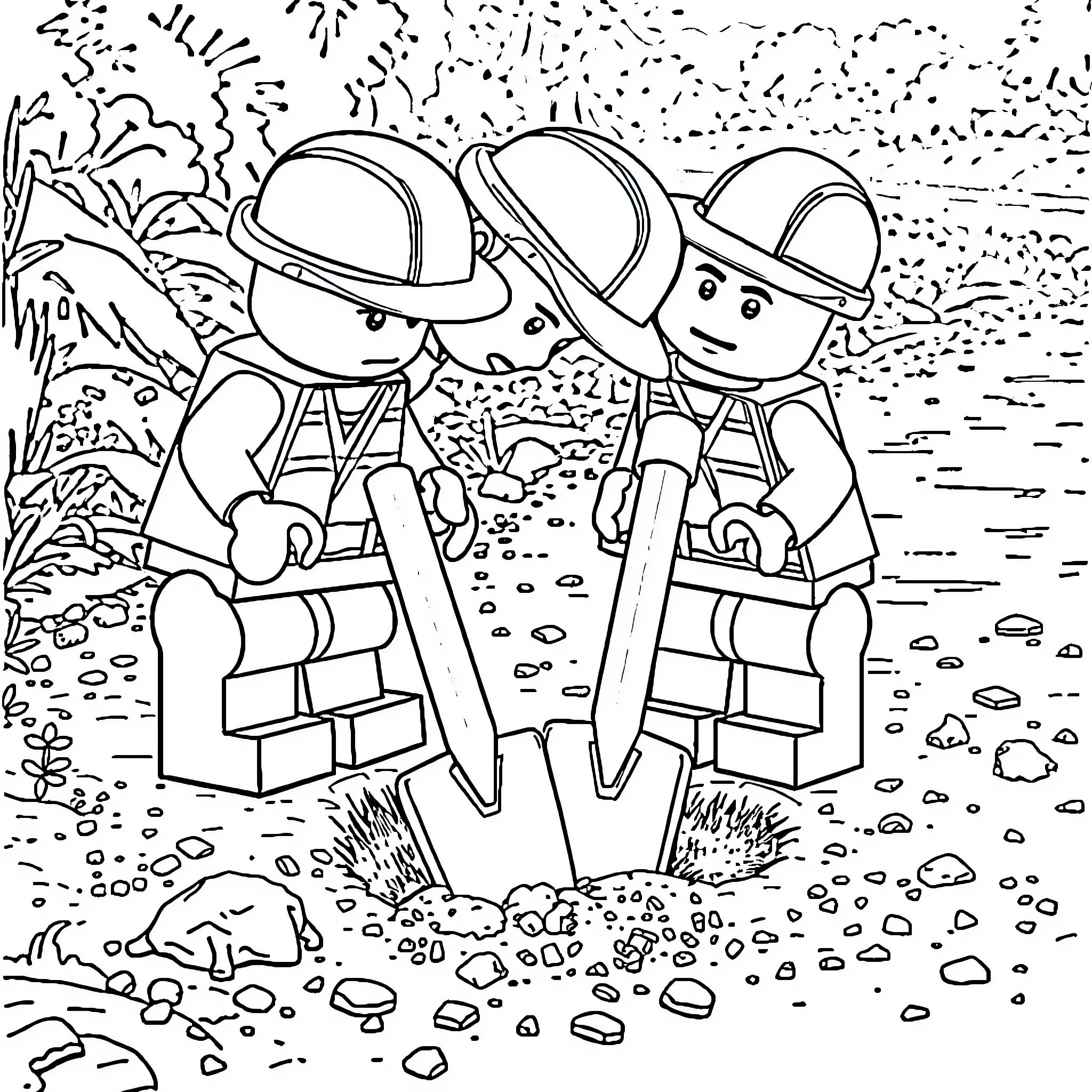 LEGO Figure construction workers on the job site Coloring Page (free black-and-white line drawing printable PDF for all, from beginners to advanced learners, including children, teens, adults, and seniors)