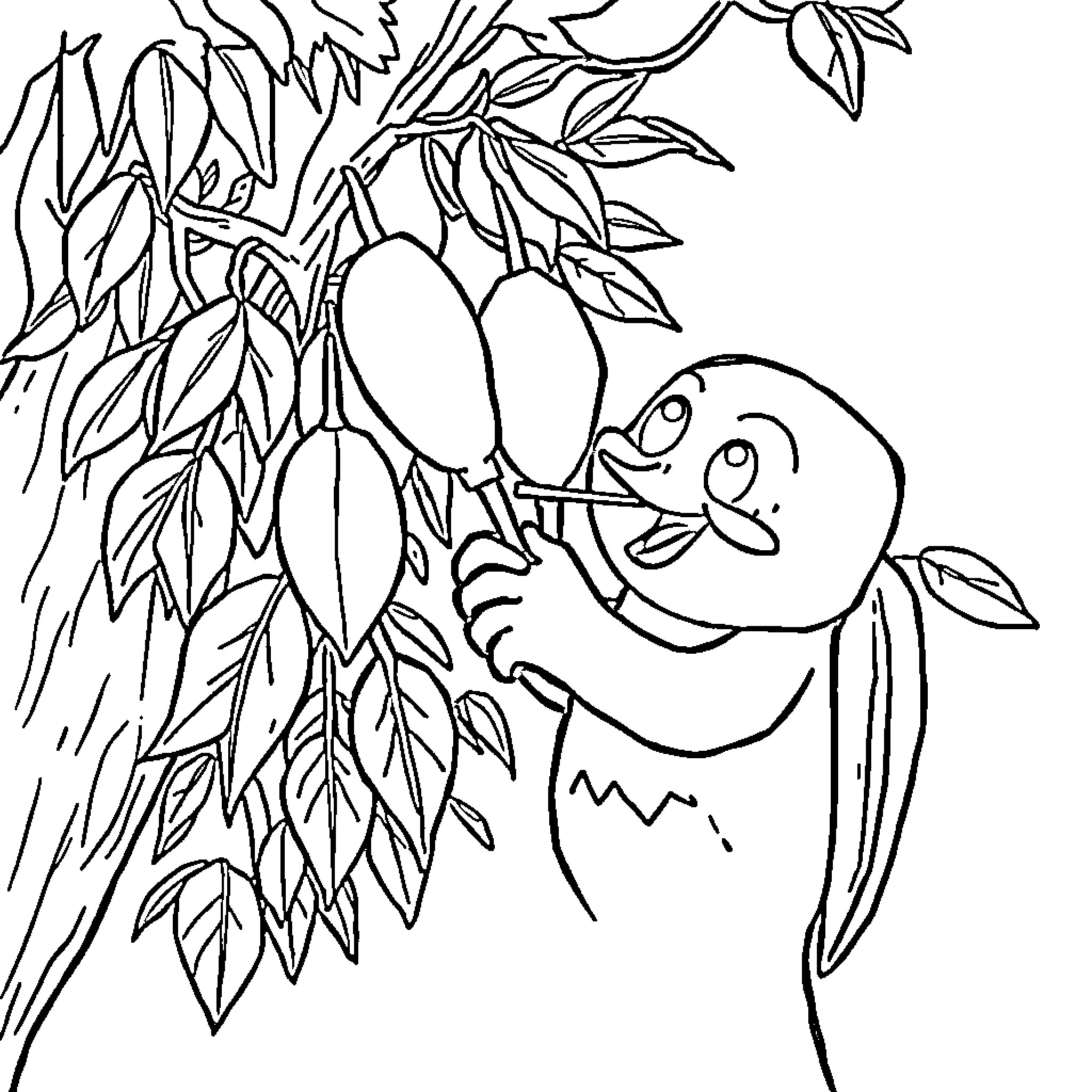 Monkey reaching for mangoes in the tree Coloring Page (free black-and-white line drawing printable PDF for all, from beginners to advanced learners, including children, teens, adults, and seniors)