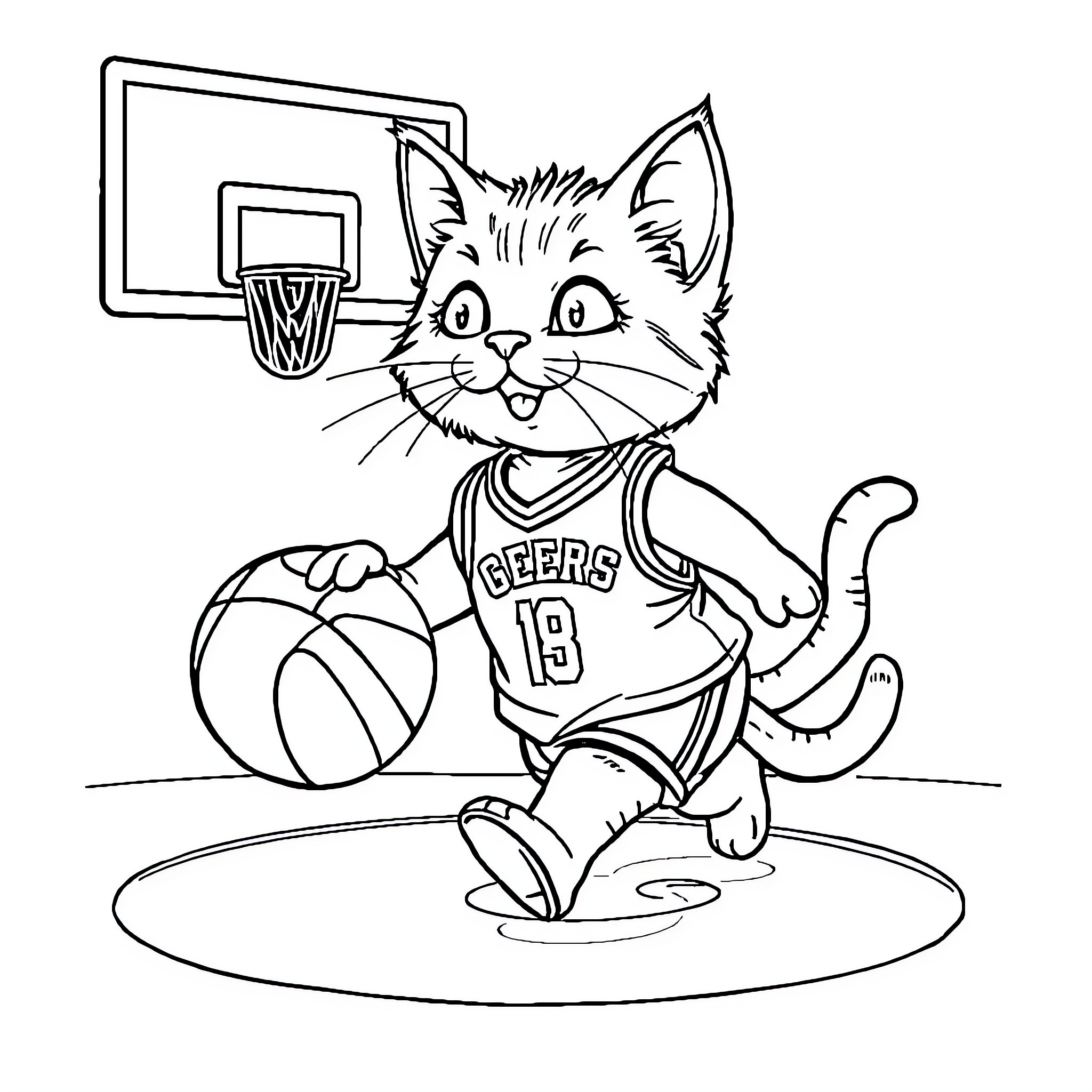 Cat playing basketball on the court Coloring Page (free black-and-white line drawing printable PDF for all, from beginners to advanced learners, including children, teens, adults, and seniors)