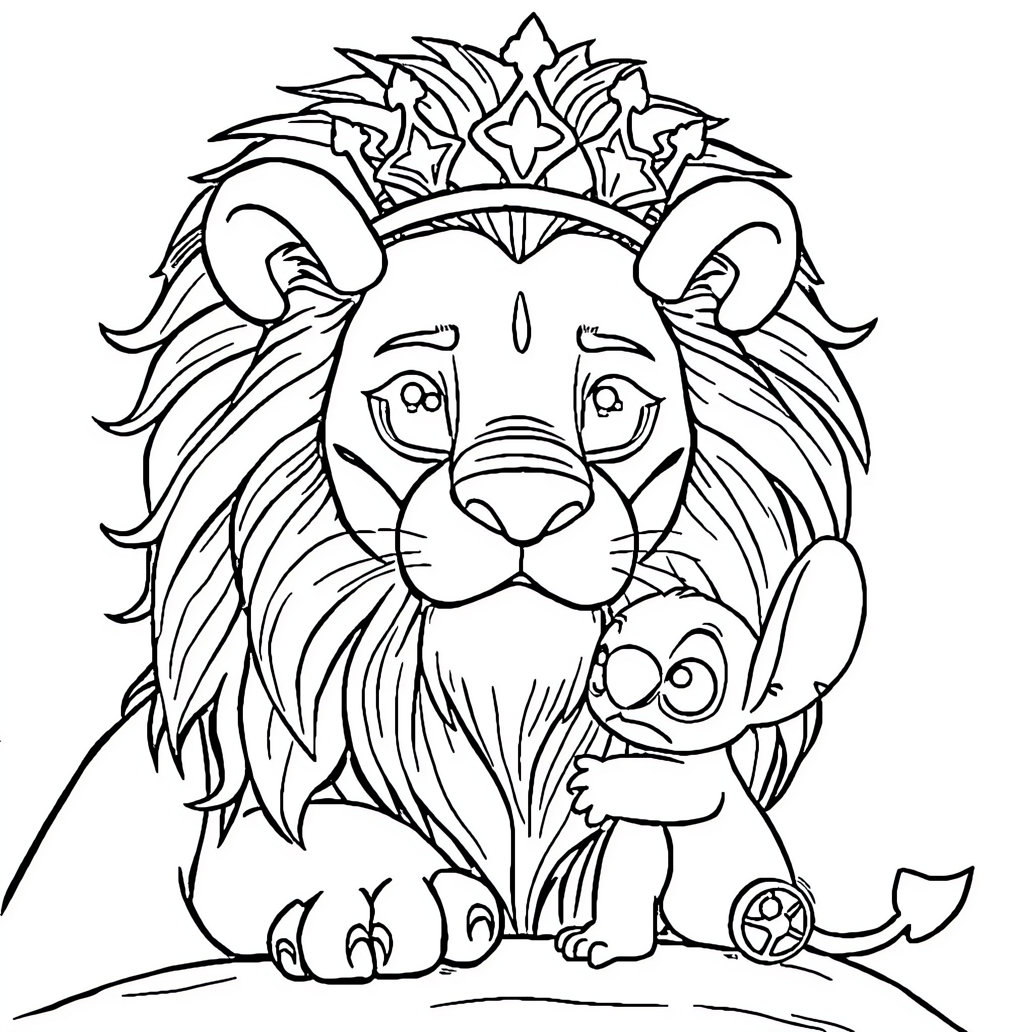 Lion wearing a crown and surrounded by stars Coloring Page (free black-and-white line drawing printable PDF for all, from beginners to advanced learners, including children, teens, adults, and seniors)