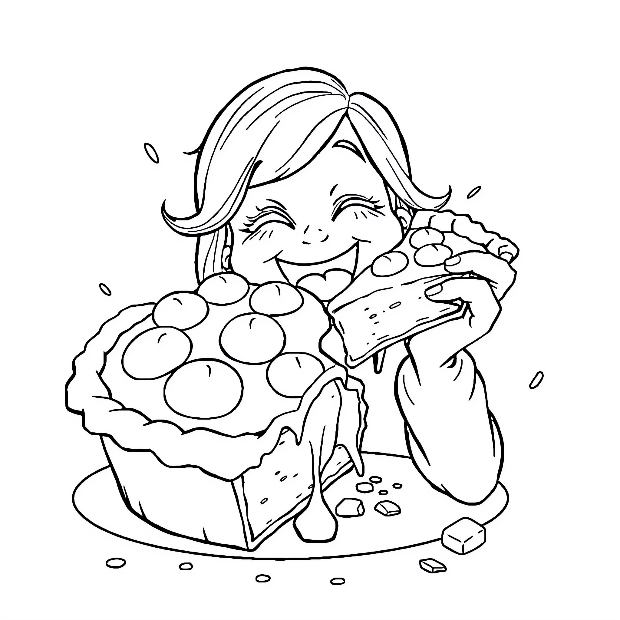 Allison enjoying a delicious homemade pie Coloring Page (free black-and-white line drawing printable PDF for all, from beginners to advanced learners, including children, teens, adults, and seniors)