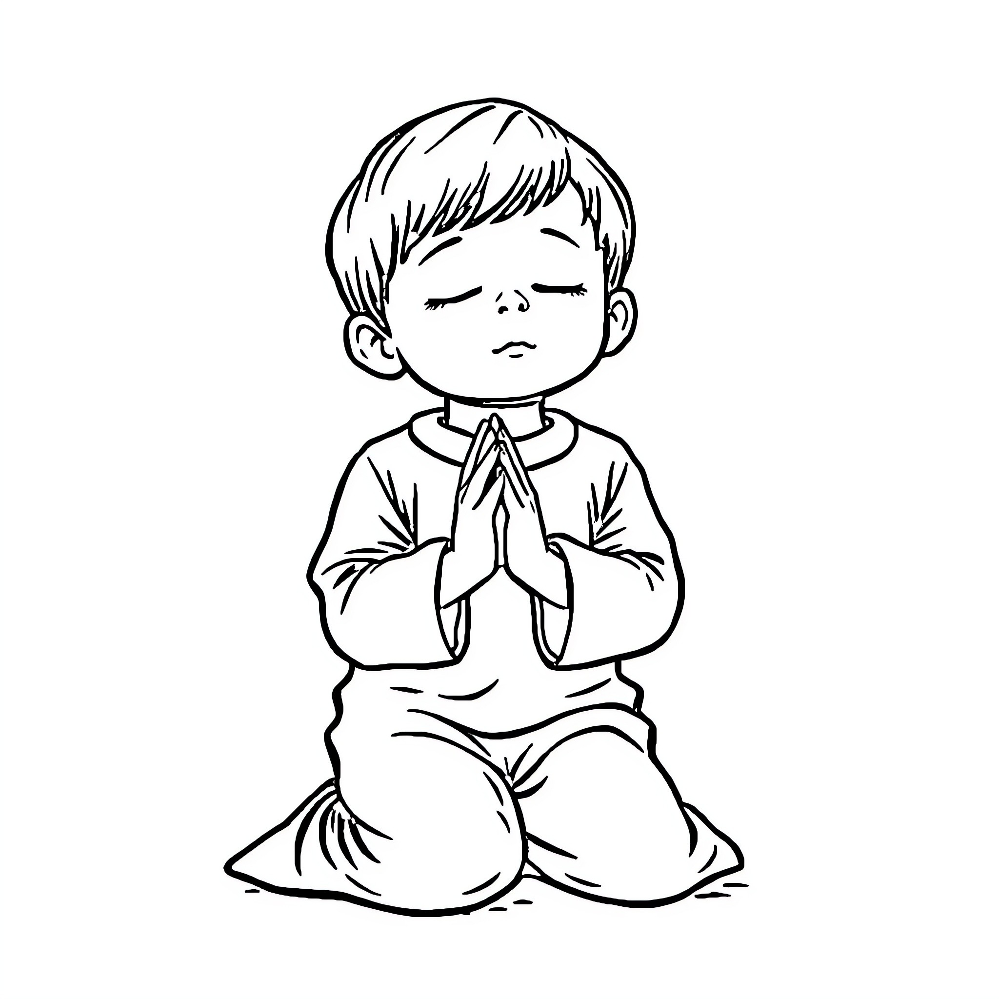 Child praying earnestly in thought Coloring Page (free black-and-white line drawing printable PDF for all, from beginners to advanced learners, including children, teens, adults, and seniors)