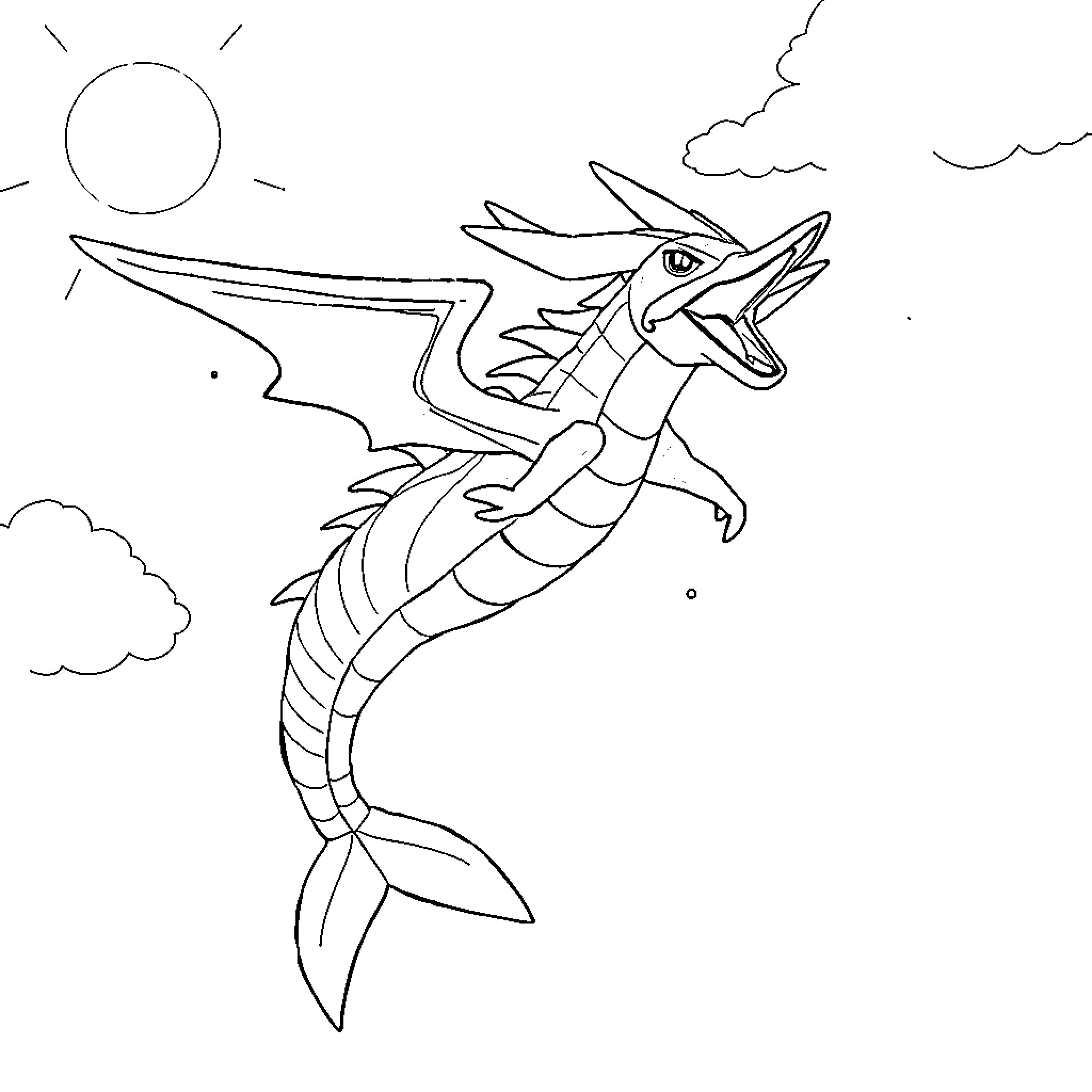 Gyarados soaring through the sky Coloring Page (free black-and-white line drawing printable PDF for all, from beginners to advanced learners, including children, teens, adults, and seniors)