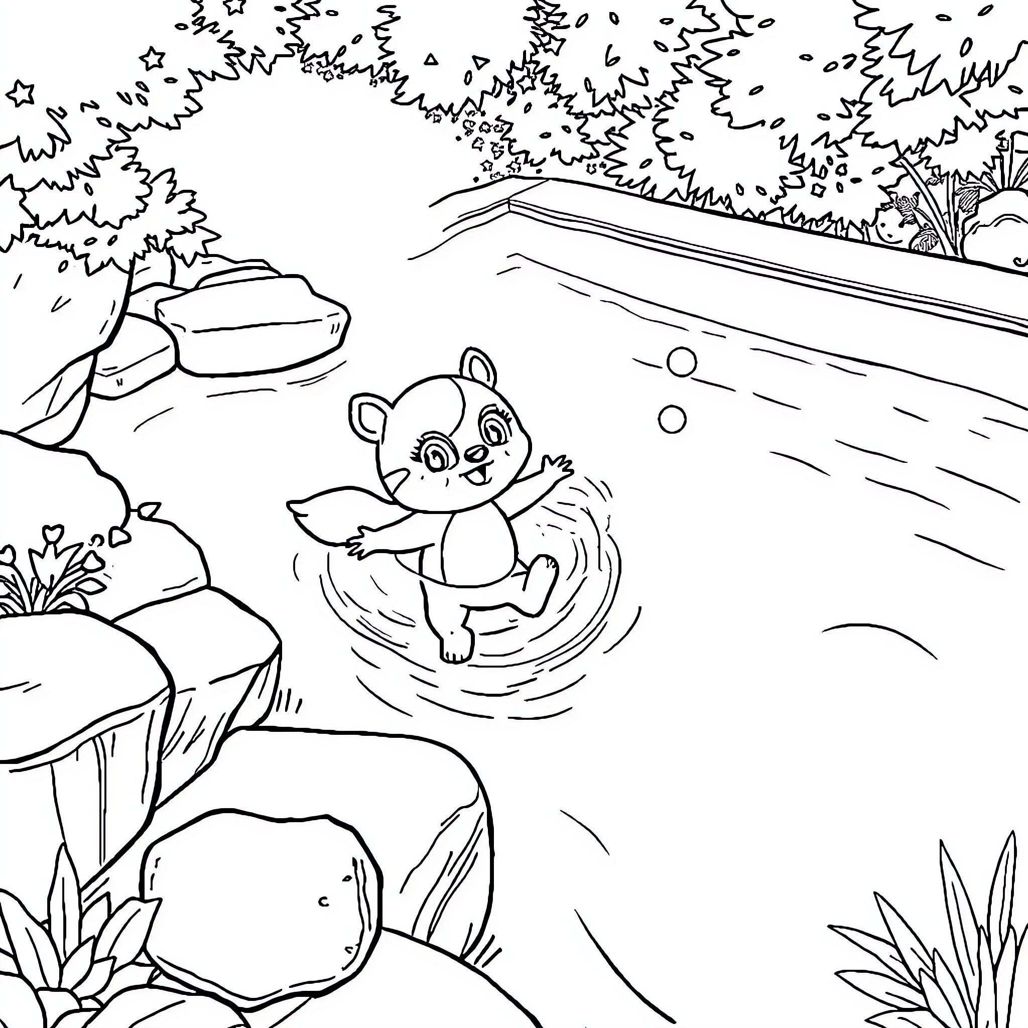 Little Red Riding Hood's Animal Friend Splashing in the Stream Coloring Page (free black-and-white line drawing printable PDF for all, from beginners to advanced learners, including children, teens, adults, and seniors)