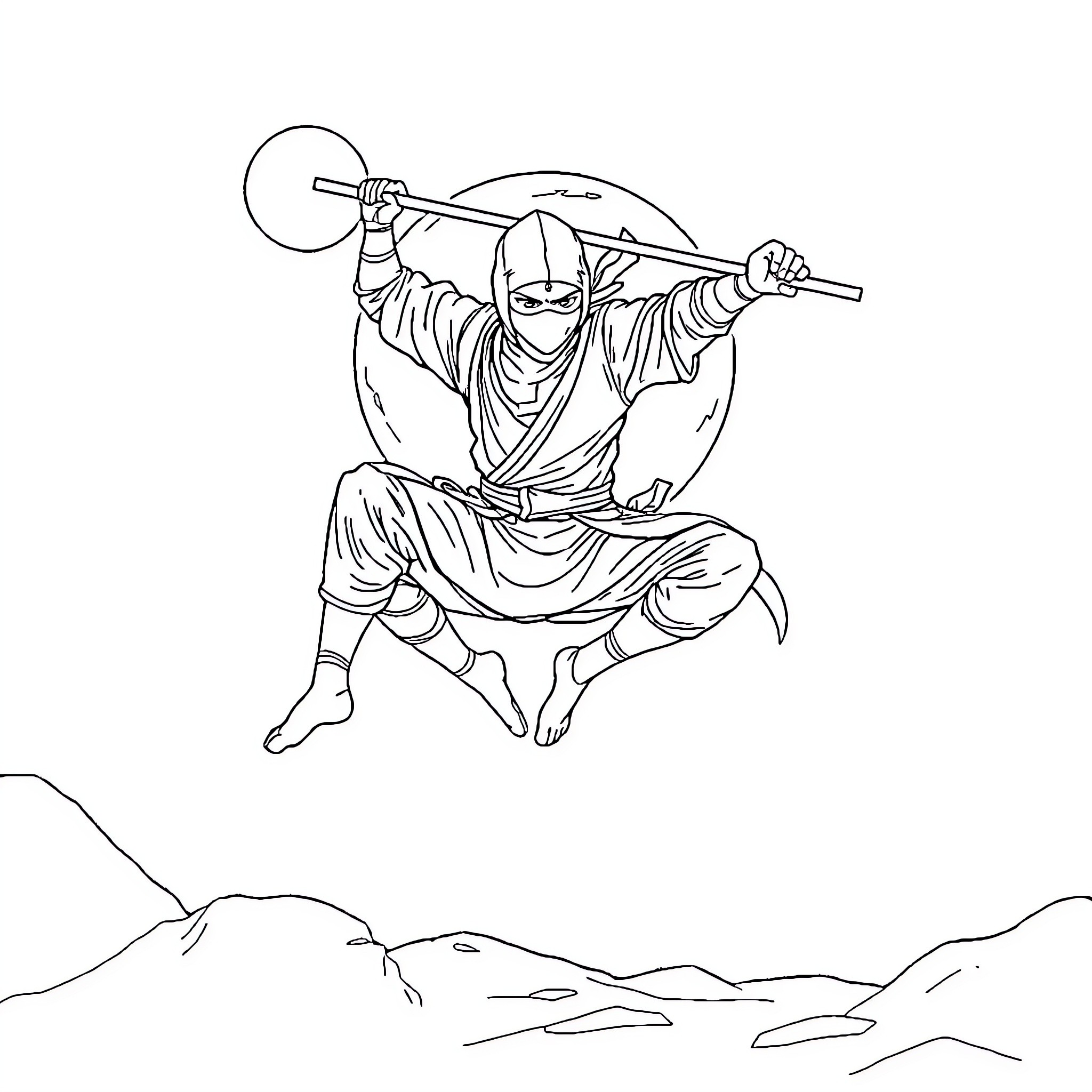 Ninja performing acrobatic stunt with weapon Coloring Page (free black-and-white line drawing printable PDF for all, from beginners to advanced learners, including children, teens, adults, and seniors)