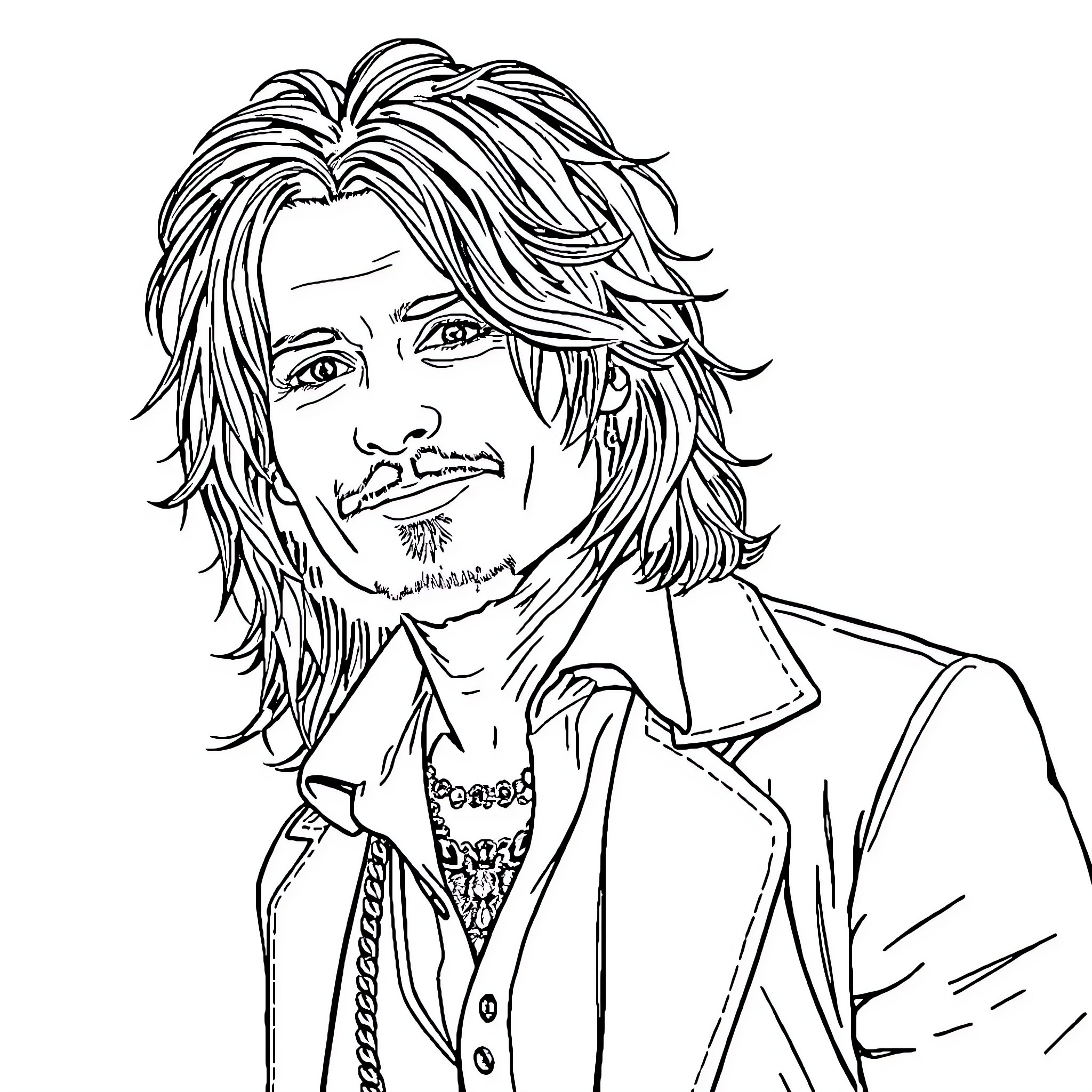 Johnny Depp in pensive, expressive pose Coloring Page (free black-and-white line drawing printable PDF for all, from beginners to advanced learners, including children, teens, adults, and seniors)