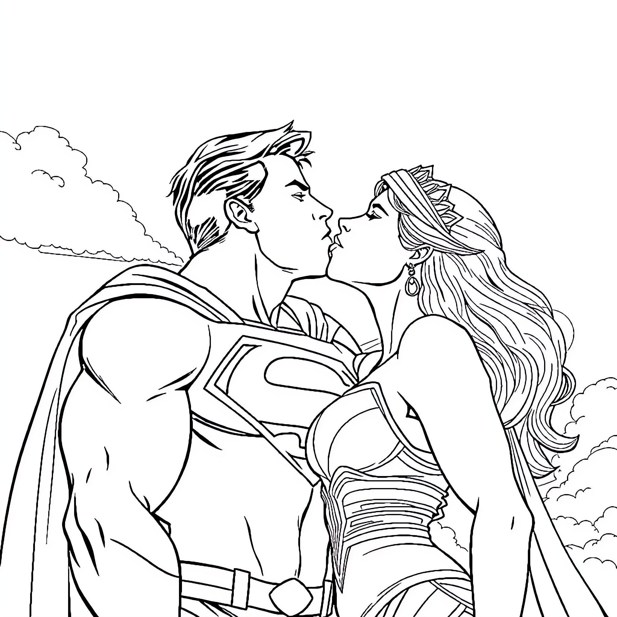 Superman and Princess Embrace in the Sky Coloring Page (free black-and-white line drawing printable PDF for all, from beginners to advanced learners, including children, teens, adults, and seniors)