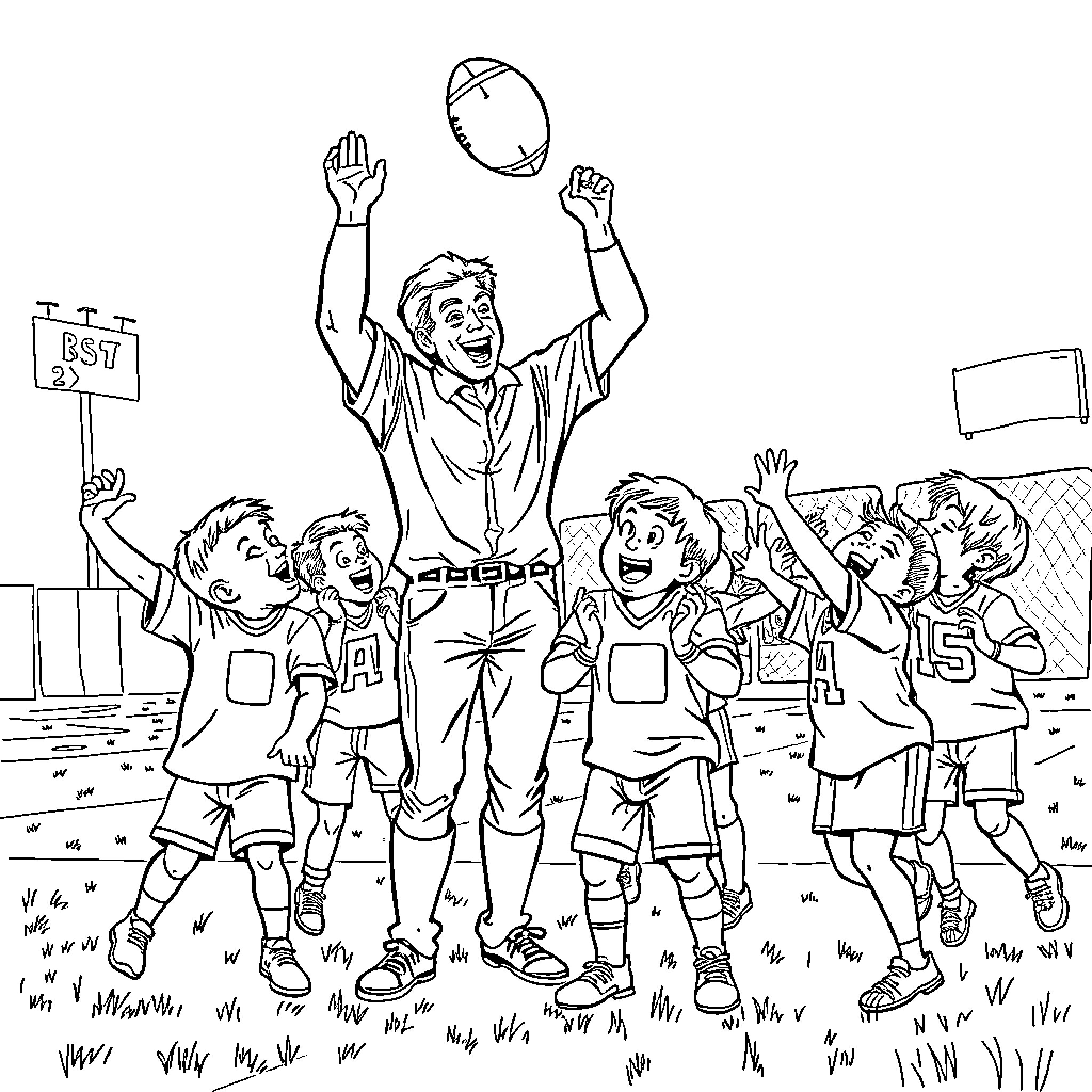 Teacher celebrating with students on the field Coloring Page (free black-and-white line drawing printable PDF for all, from beginners to advanced learners, including children, teens, adults, and seniors)
