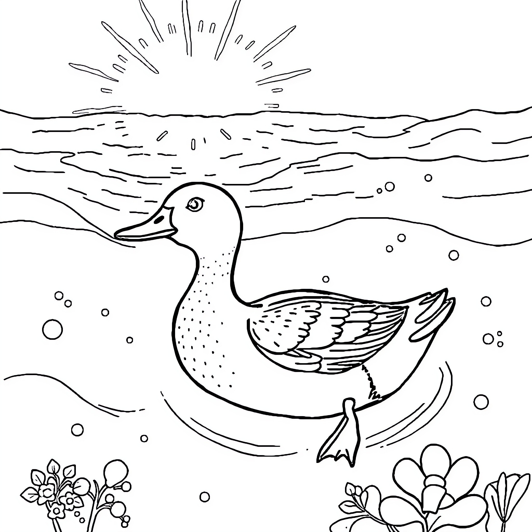 Duck swimming in a peaceful lake Coloring Page (free black-and-white line drawing printable PDF for all, from beginners to advanced learners, including children, teens, adults, and seniors)