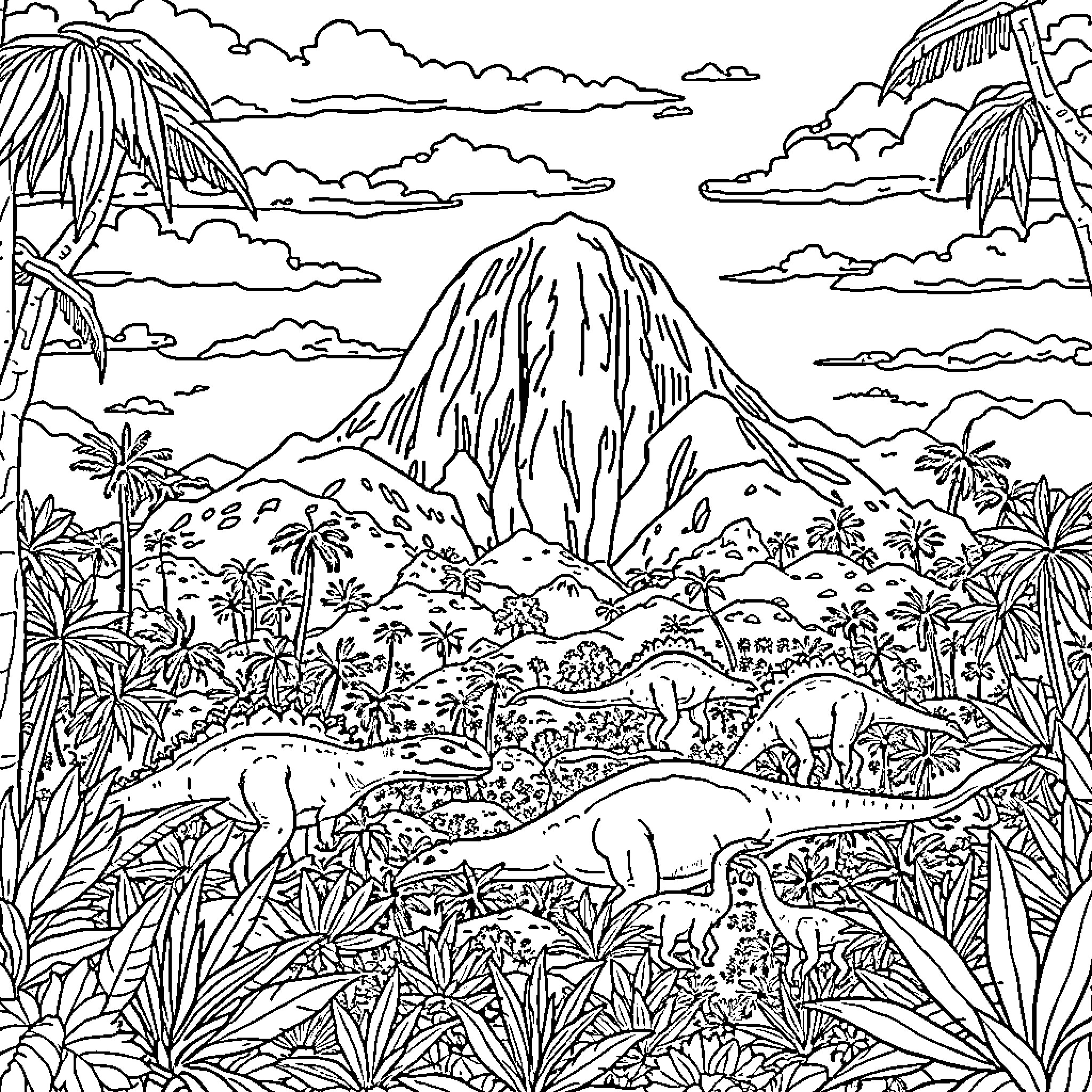 Jurassic Park: Prehistoric Creatures Amid Lush Landscapes Coloring Page (free black-and-white line drawing printable PDF for all, from beginners to advanced learners, including children, teens, adults, and seniors)