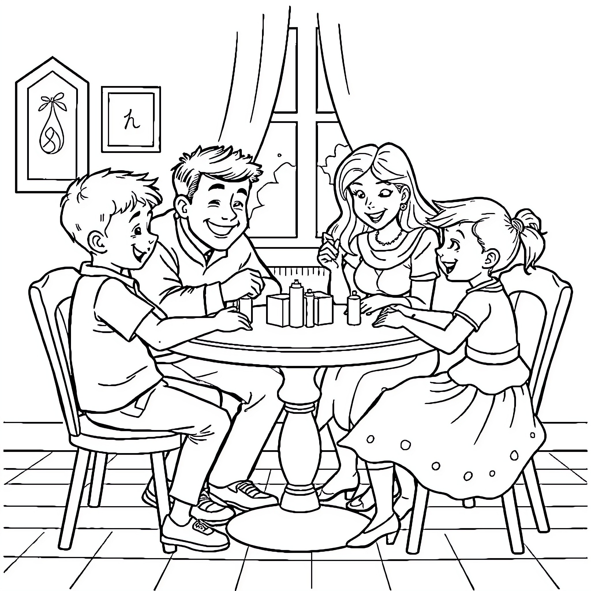 Family Enjoying a Meal Together Coloring Page (free black-and-white line drawing printable PDF for all, from beginners to advanced learners, including children, teens, adults, and seniors)