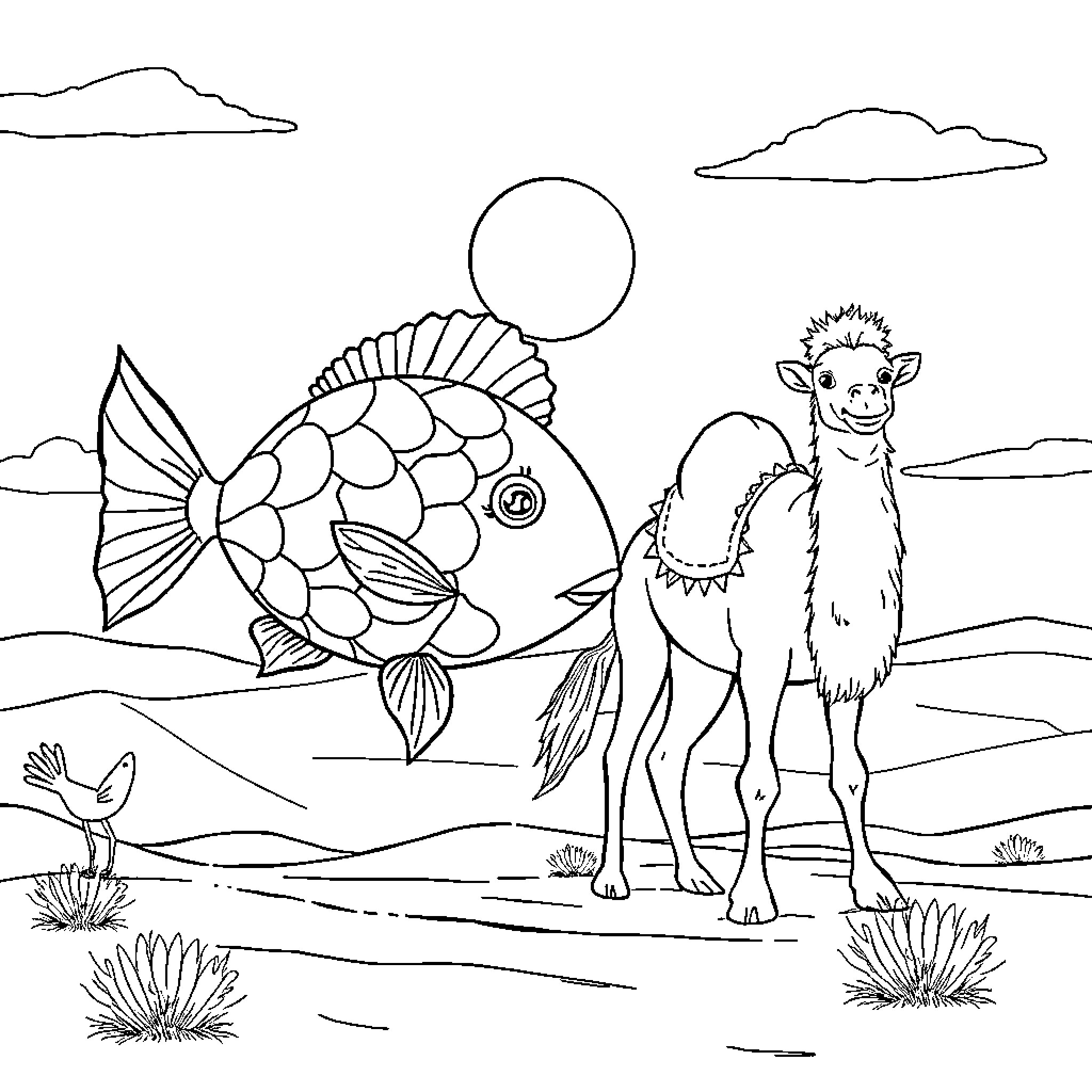 Fish Unicorn Camel explore serene desert landscape Coloring Page (free black-and-white line drawing printable PDF for all, from beginners to advanced learners, including children, teens, adults, and seniors)