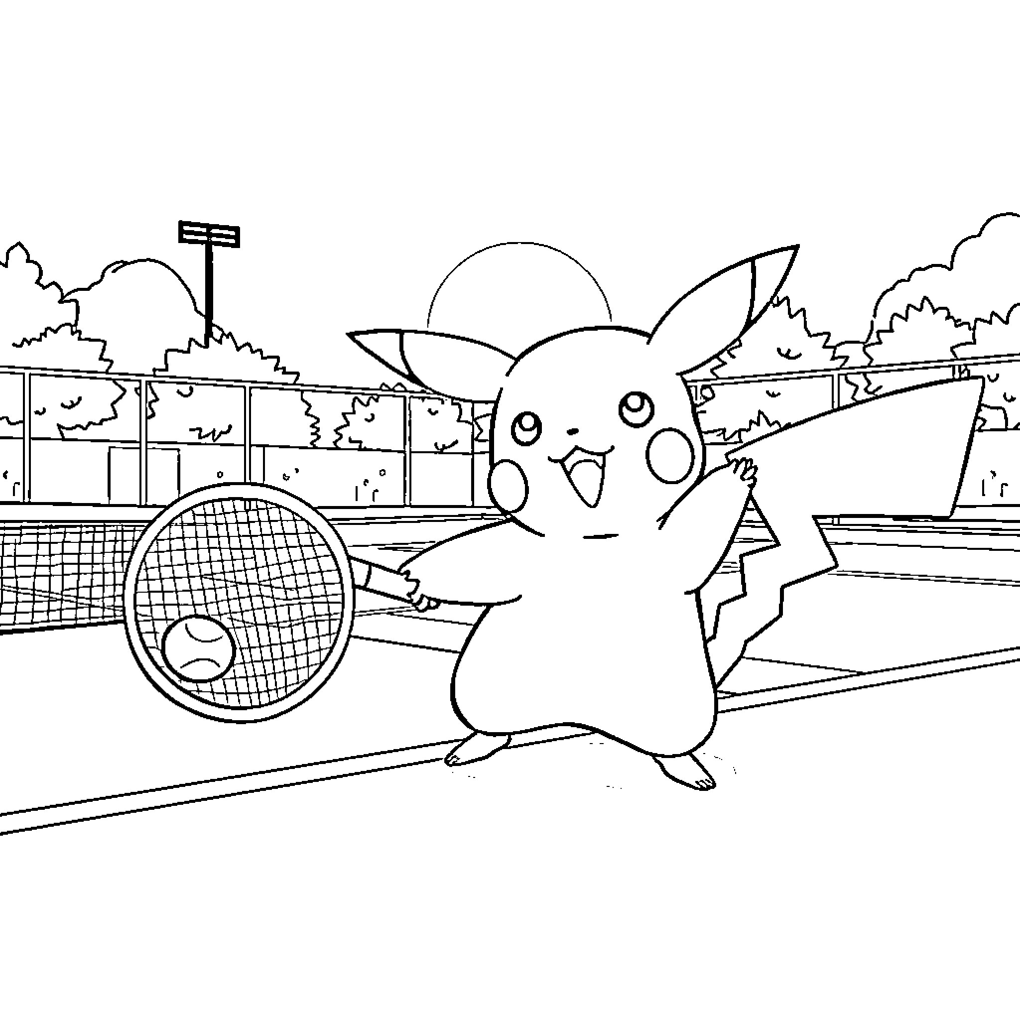 Pikachu playing tennis in an animated environment Coloring Page (free black-and-white line drawing printable PDF for all, from beginners to advanced learners, including children, teens, adults, and seniors)