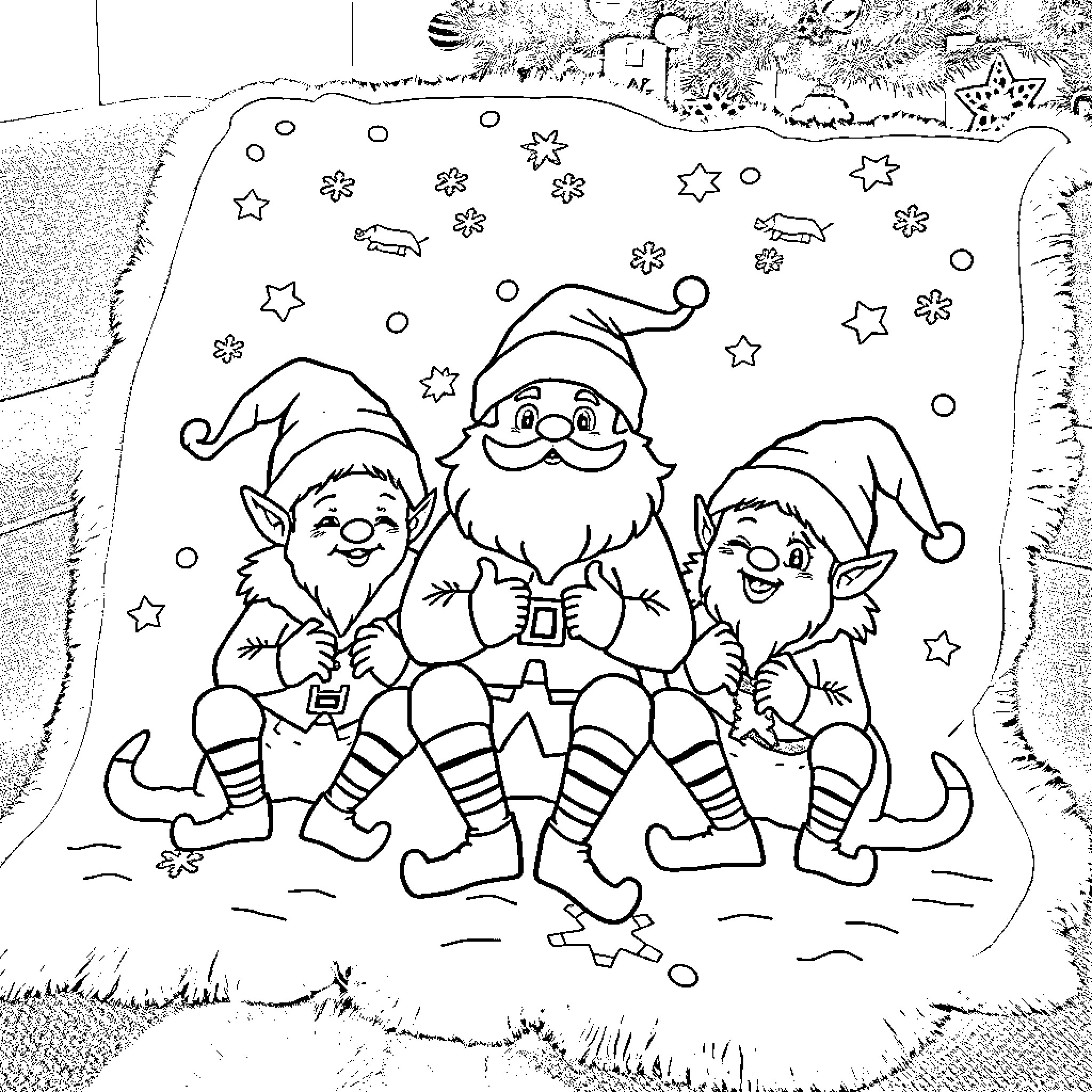 Elf friends gather under the starry night Coloring Page (free black-and-white line drawing printable PDF for all, from beginners to advanced learners, including children, teens, adults, and seniors)