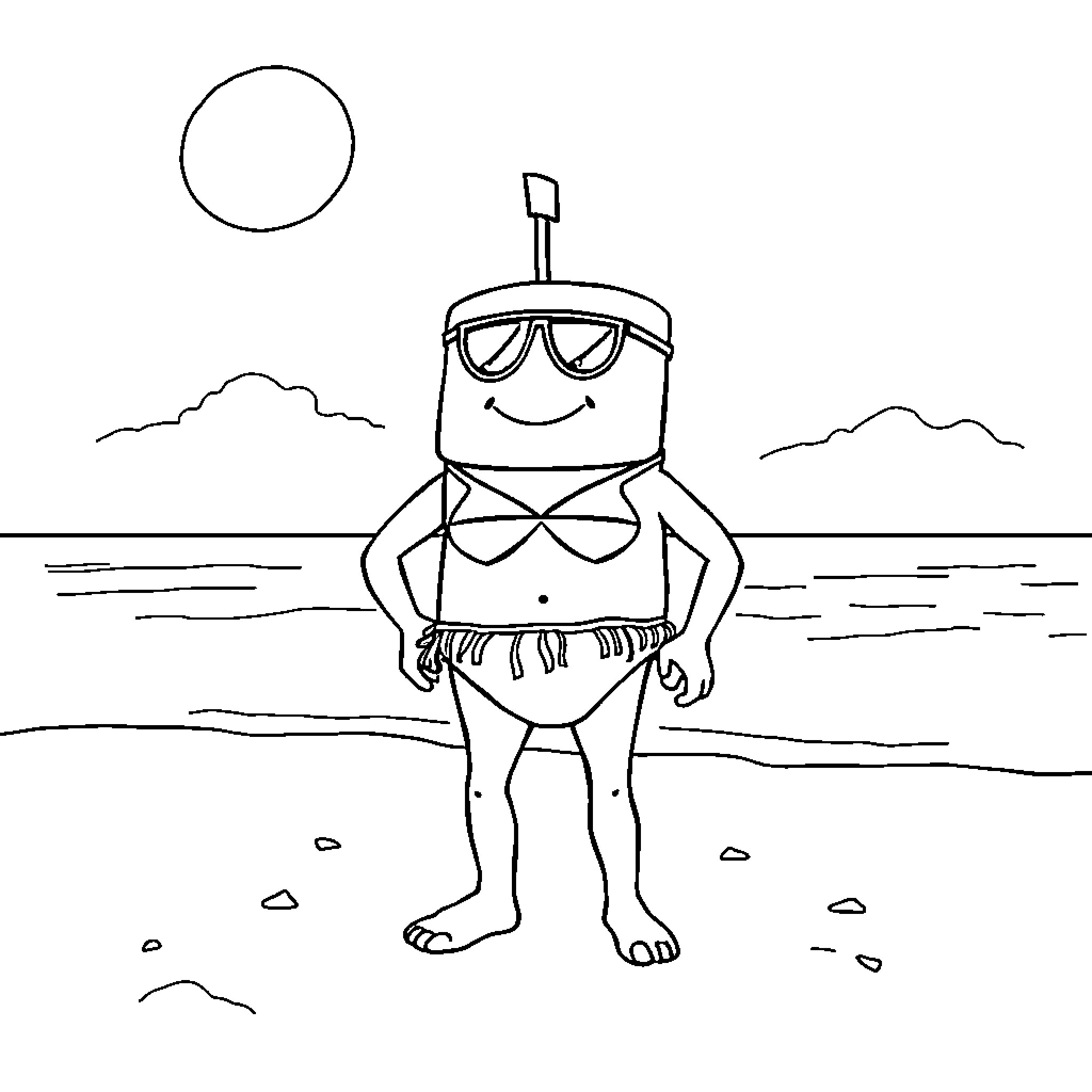 Marshmallow Man enjoying the beach in sunglasses Coloring Page (free black-and-white line drawing printable PDF for all, from beginners to advanced learners, including children, teens, adults, and seniors)