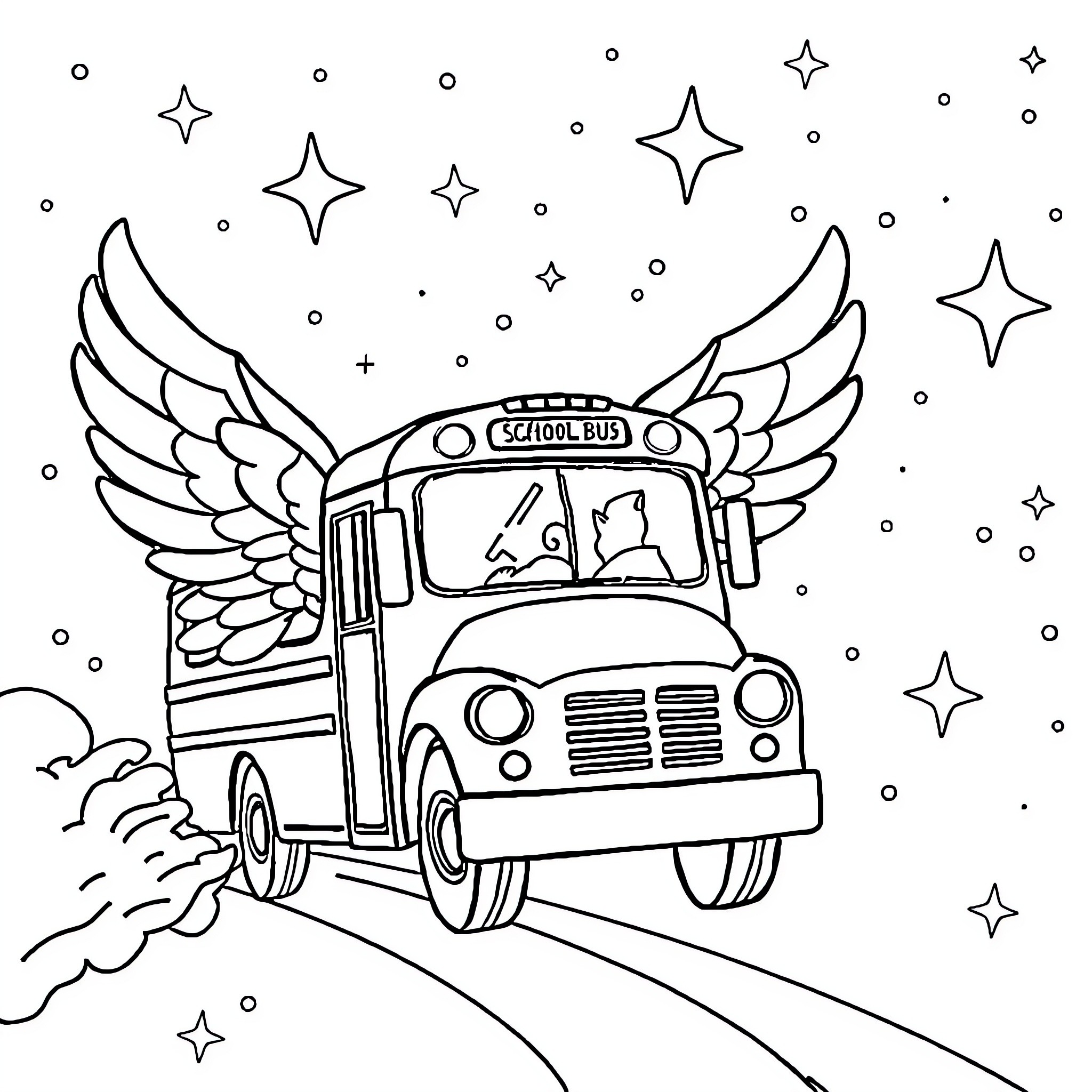 School Bus with Angelic Wings Soaring Through the Starry Sky Coloring Page (free black-and-white line drawing printable PDF for all, from beginners to advanced learners, including children, teens, adults, and seniors)