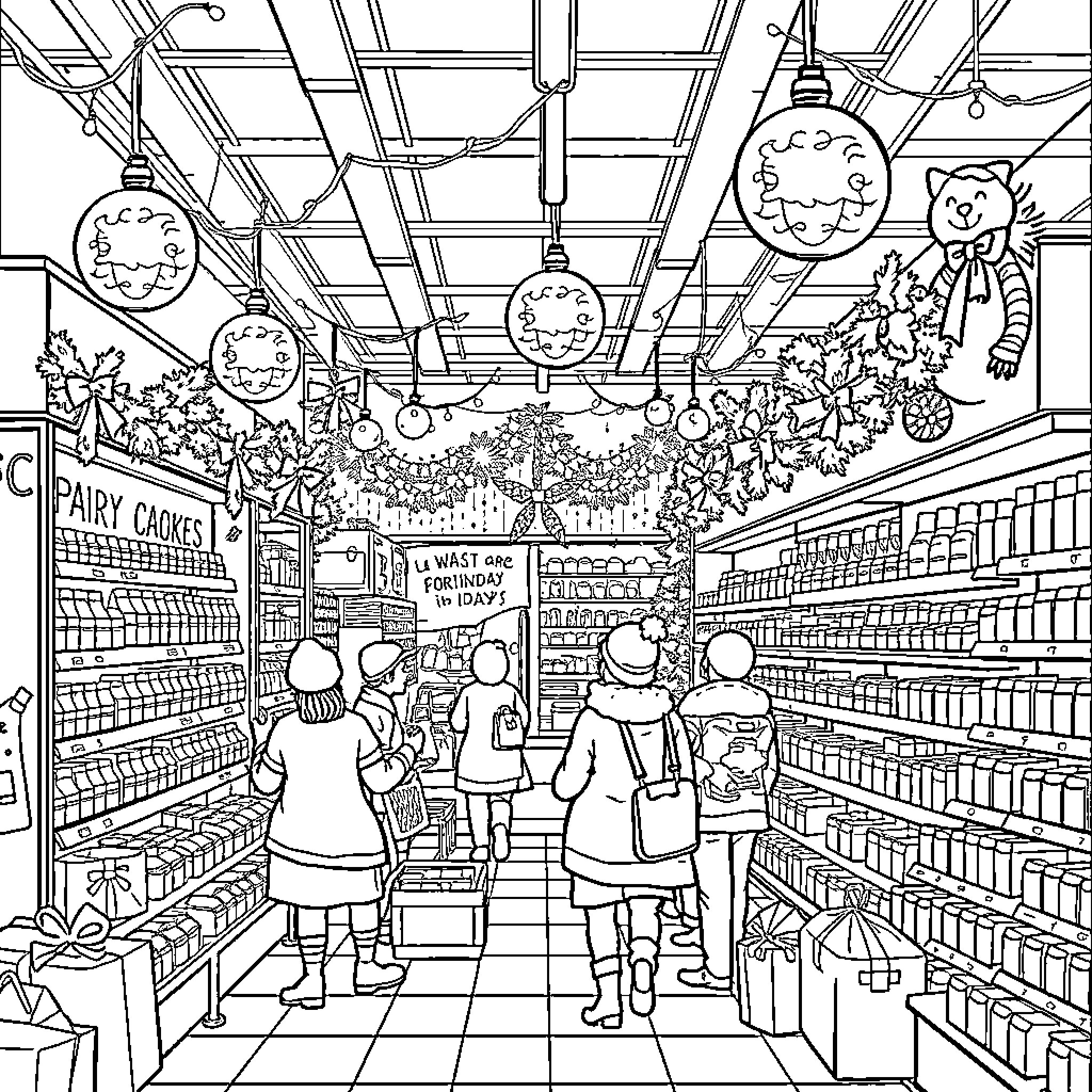 Christmas shopping fun in the decorated store Coloring Page (free black-and-white line drawing printable PDF for all, from beginners to advanced learners, including children, teens, adults, and seniors)
