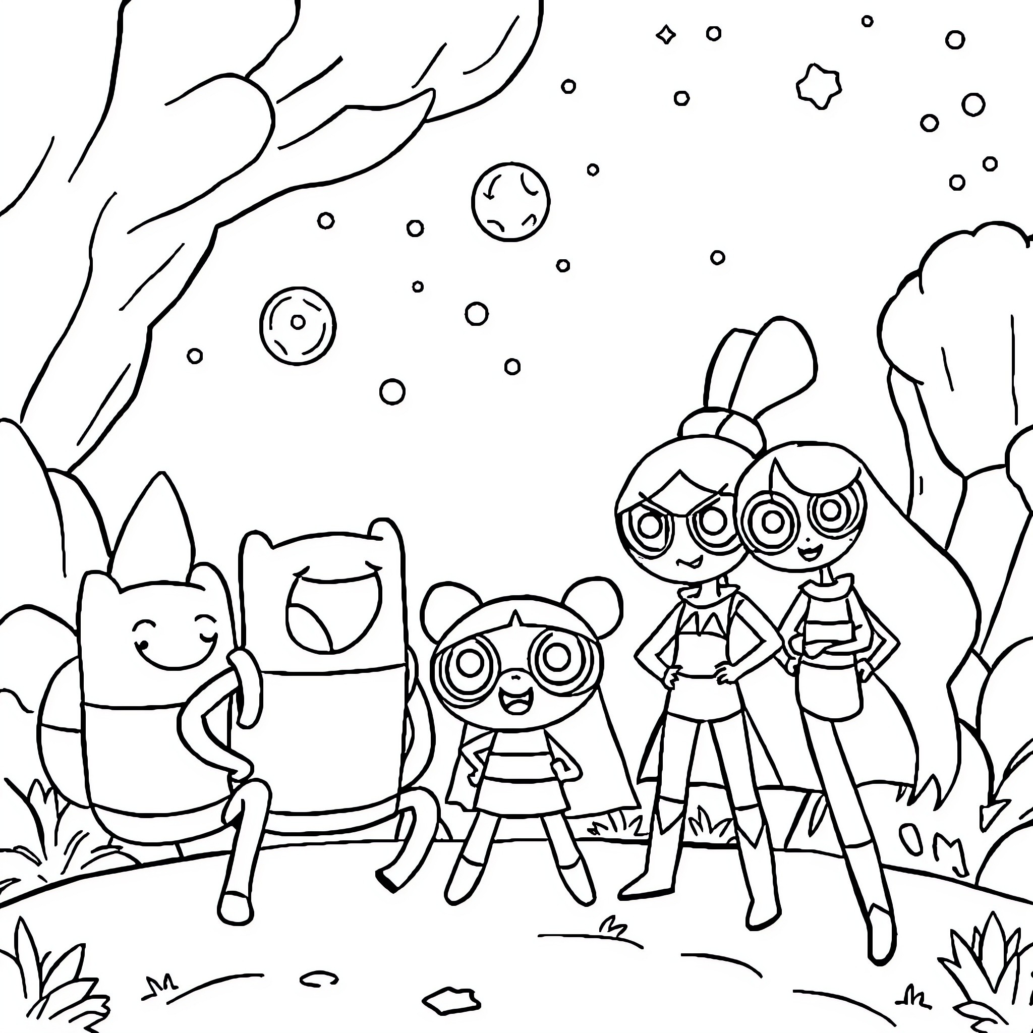 Adventure Time with Adventurous Friends Coloring Page (free black-and-white line drawing printable PDF for all, from beginners to advanced learners, including children, teens, adults, and seniors)
