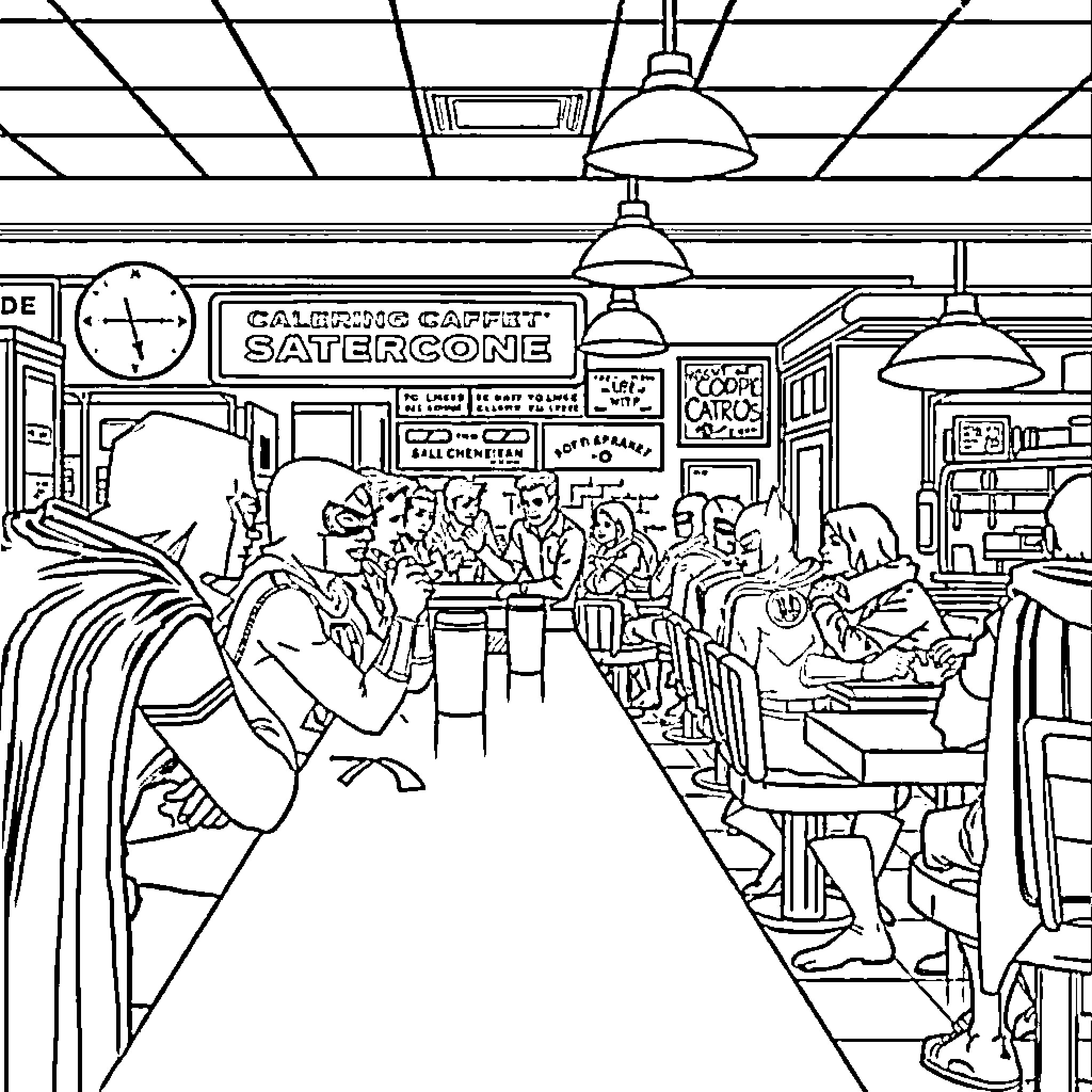 Superhero Gathering at the Galactic Geek Hangout Coloring Page (free black-and-white line drawing printable PDF for all, from beginners to advanced learners, including children, teens, adults, and seniors)