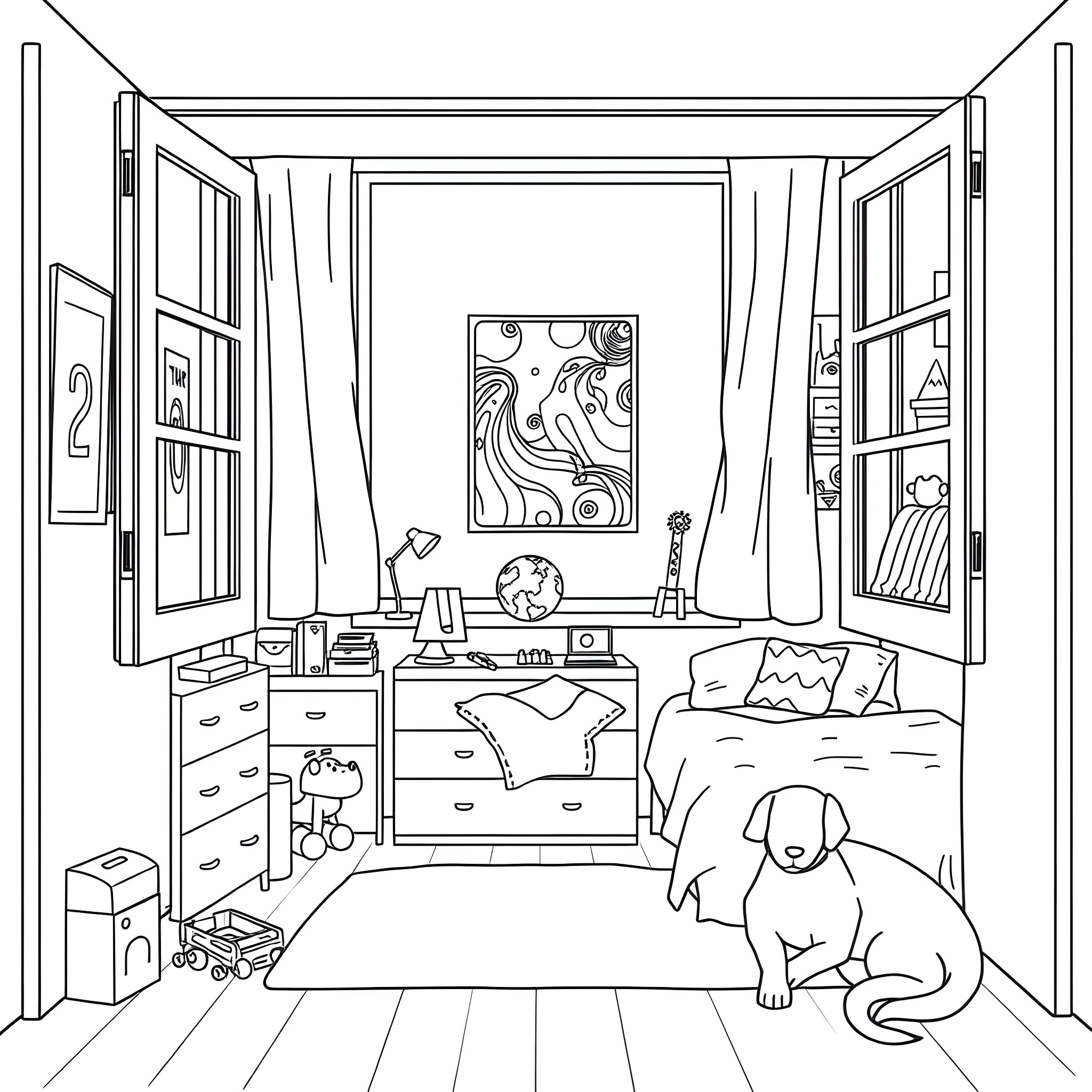 Boy's cozy bedroom with artful decor Coloring Page (free black-and-white line drawing printable PDF for all, from beginners to advanced learners, including children, teens, adults, and seniors)