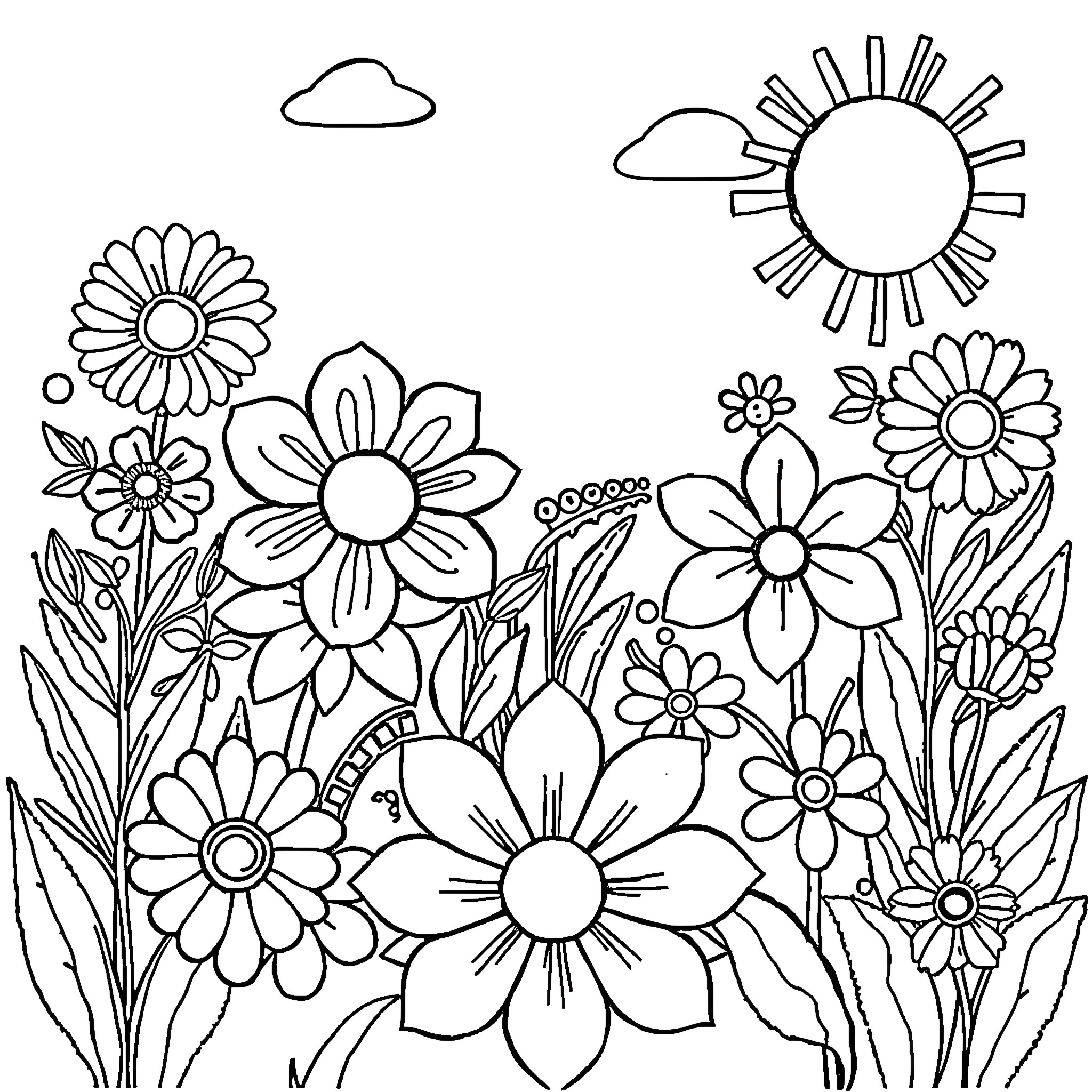 Pattern of Blooming Floral Landscape Coloring Page (free black-and-white line drawing printable PDF for all, from beginners to advanced learners, including children, teens, adults, and seniors)