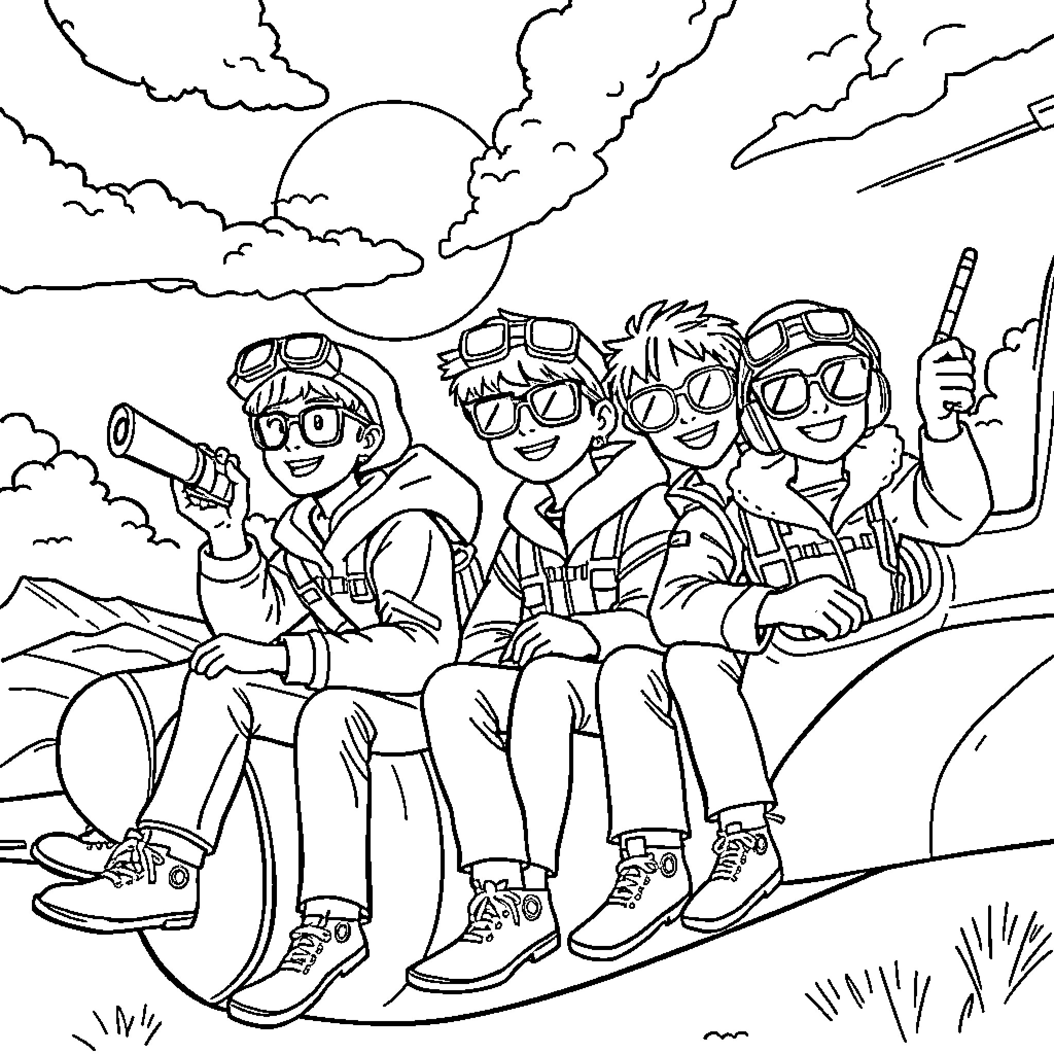 Kpop Hunter: Adventurous Idol Group Exploring the Wilderness Coloring Page (free black-and-white line drawing printable PDF for all, from beginners to advanced learners, including children, teens, adults, and seniors)