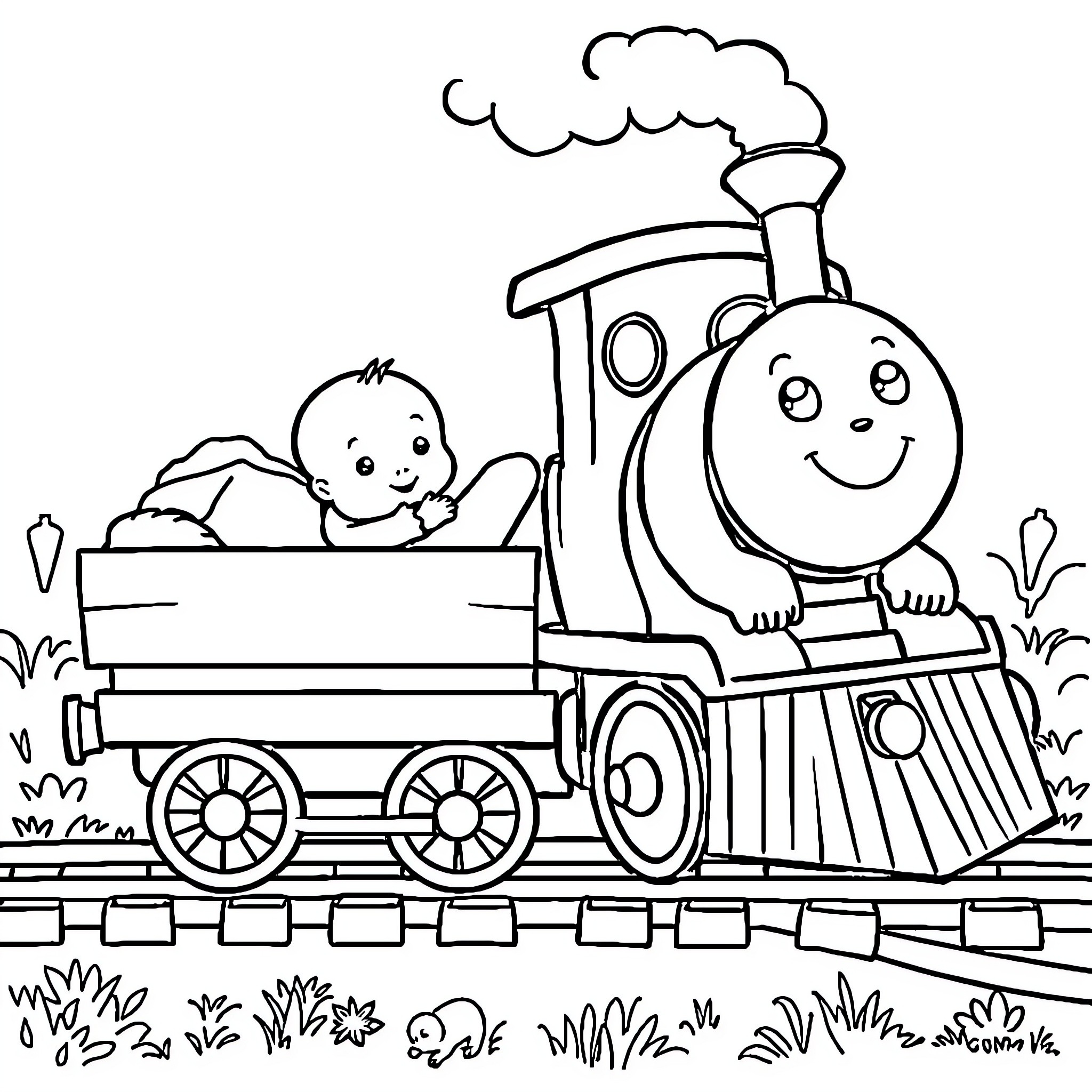 Locomotive with a smiling train and a baby riding Coloring Page (free black-and-white line drawing printable PDF for all, from beginners to advanced learners, including children, teens, adults, and seniors)