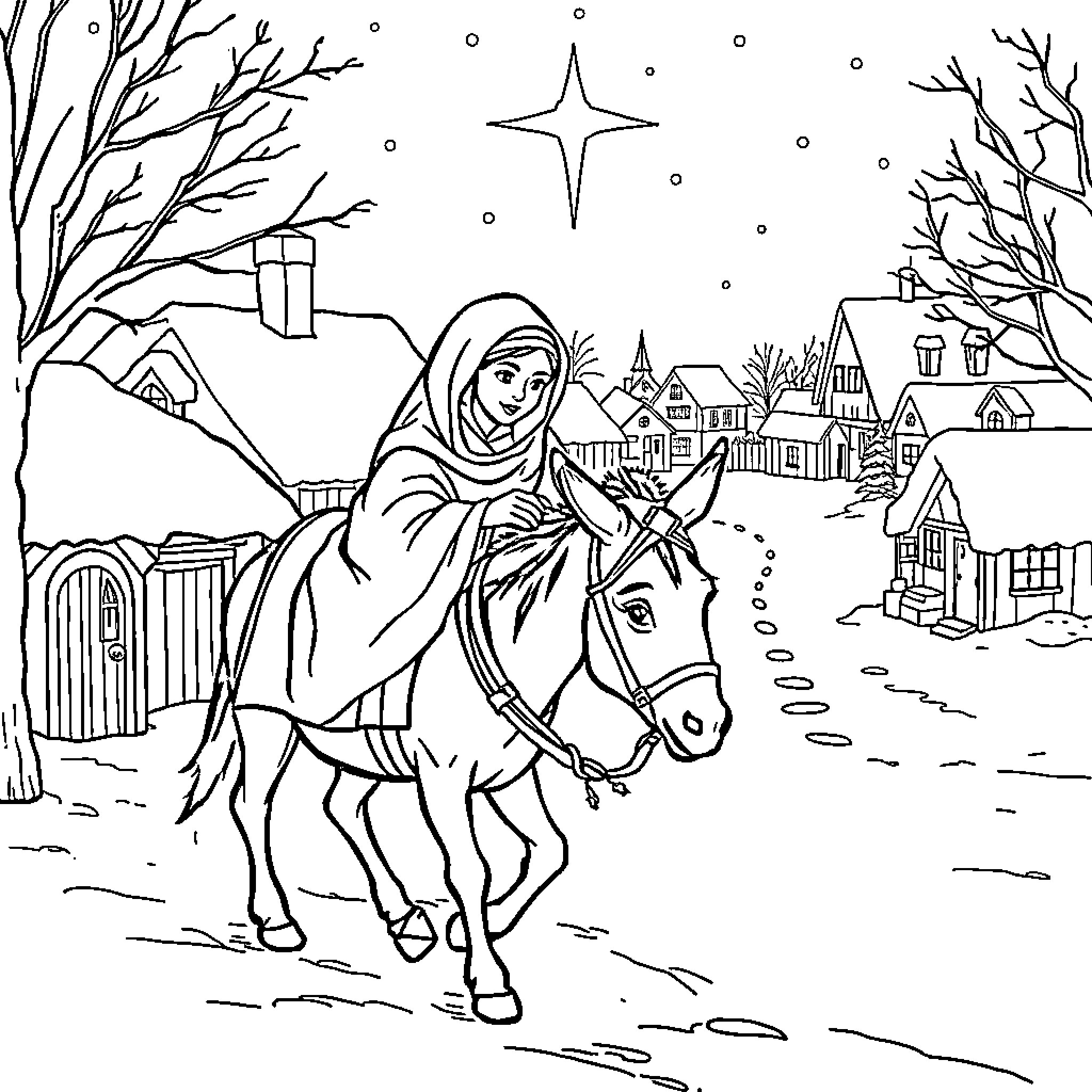 Donkey carrying a person through a snowy winter village Coloring Page (free black-and-white line drawing printable PDF for all, from beginners to advanced learners, including children, teens, adults, and seniors)