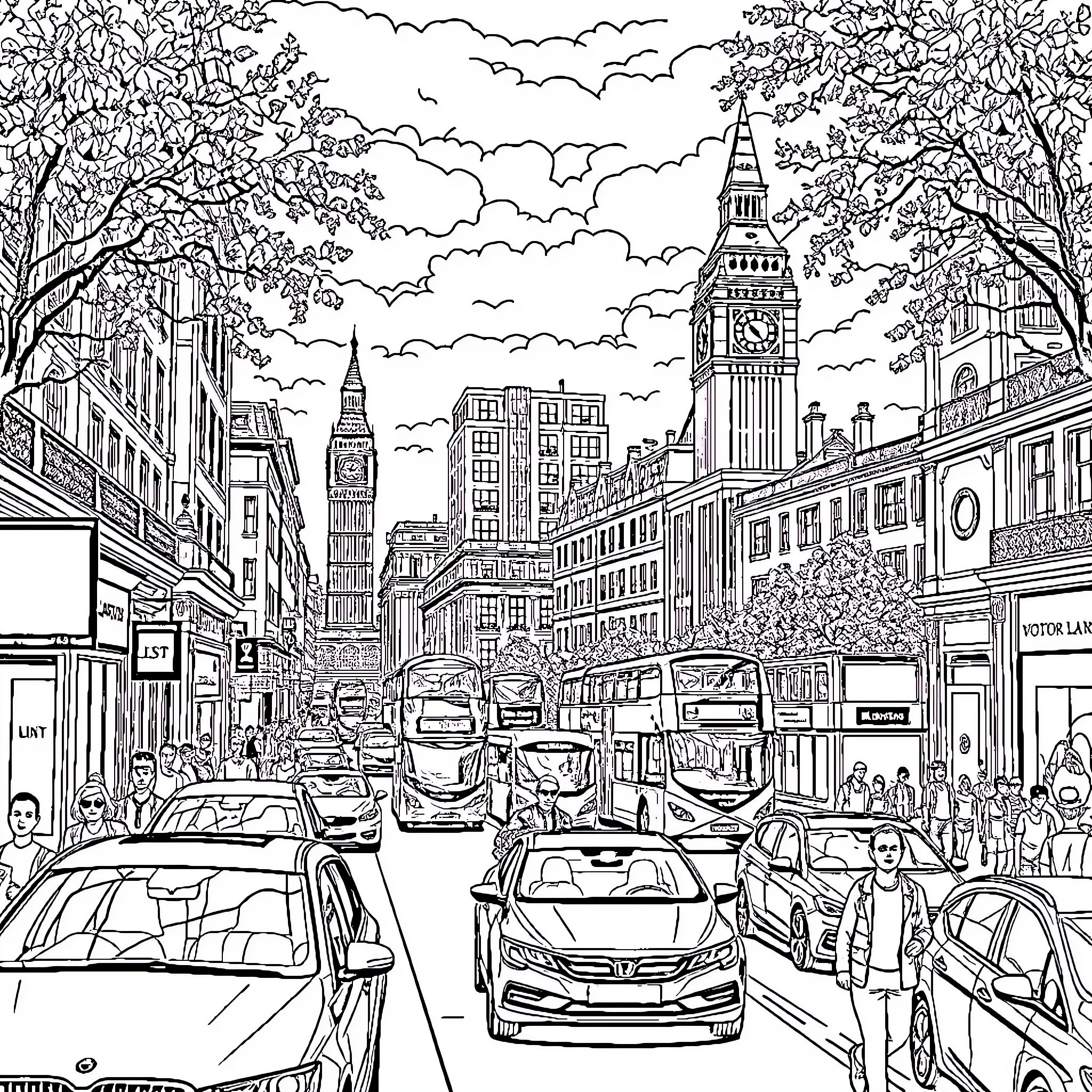 London city street scene with iconic landmarks Coloring Page (free black-and-white line drawing printable PDF for all, from beginners to advanced learners, including children, teens, adults, and seniors)
