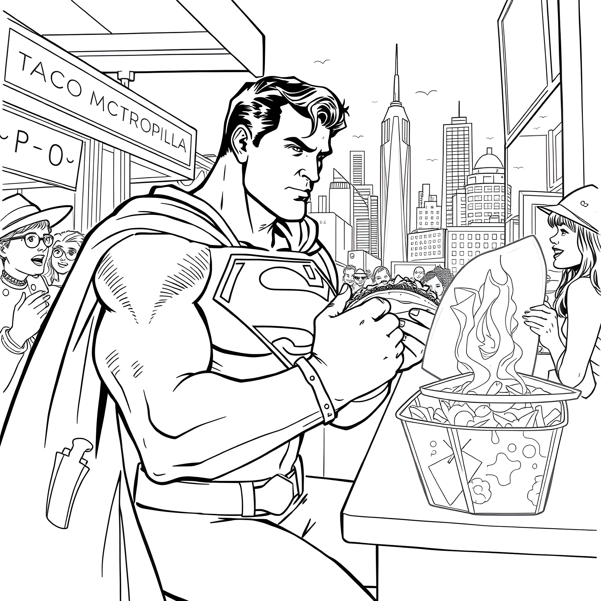 Superman stops to help in the city Coloring Page (free black-and-white line drawing printable PDF for all, from beginners to advanced learners, including children, teens, adults, and seniors)