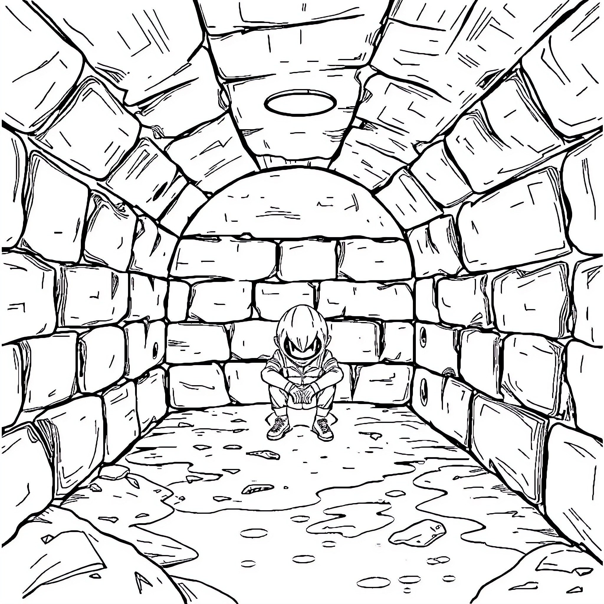 Nooo, person trapped in dark, mysterious cave Coloring Page (free black-and-white line drawing printable PDF for all, from beginners to advanced learners, including children, teens, adults, and seniors)