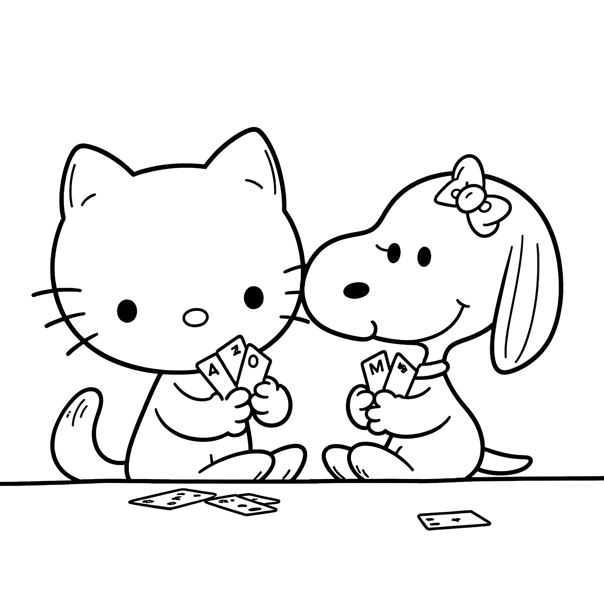 Hello Kitty and Friends Playing Card Games Coloring Page (free black-and-white line drawing printable PDF for all, from beginners to advanced learners, including children, teens, adults, and seniors)