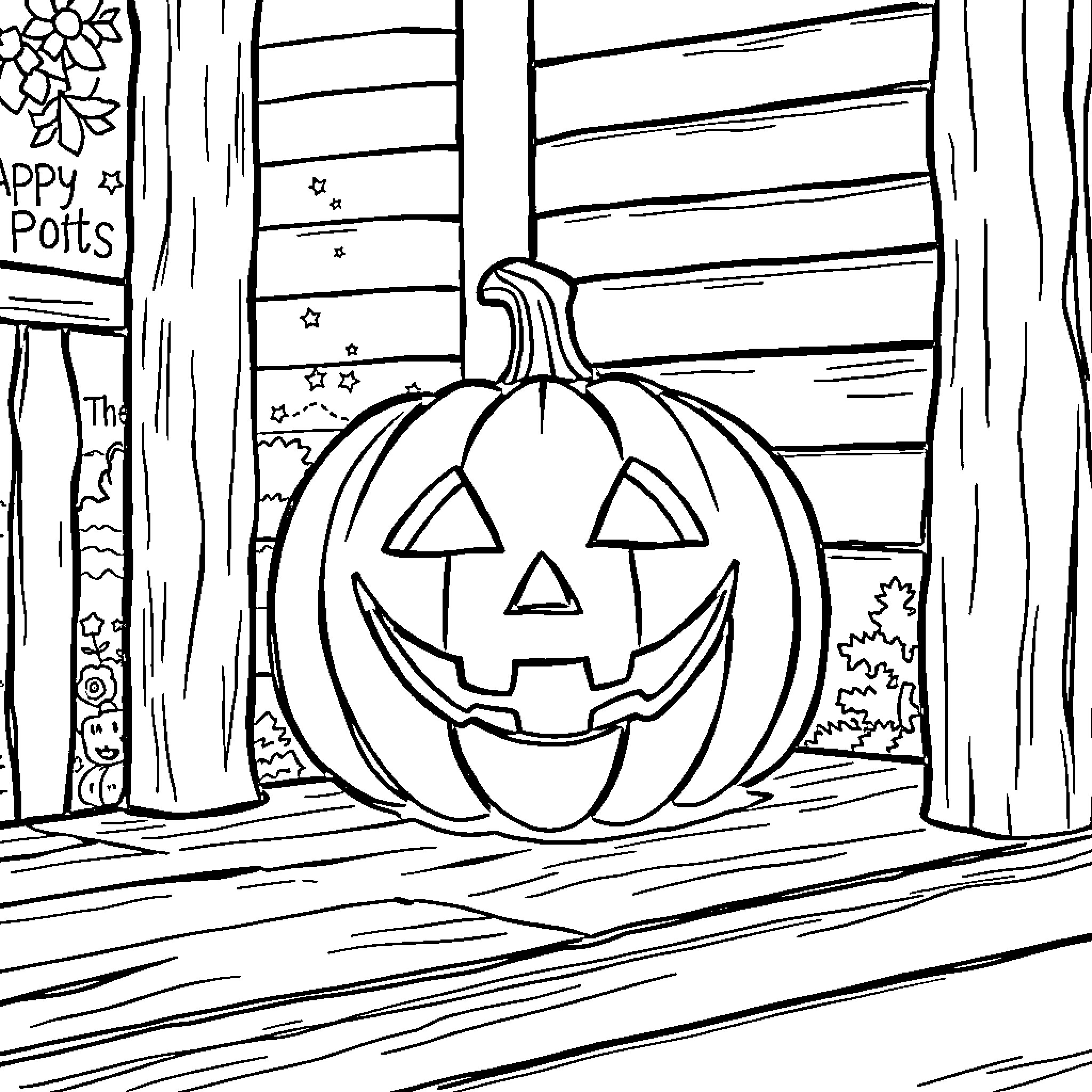 Jackolantern smiling in a cozy cabin Coloring Page (free black-and-white line drawing printable PDF for all, from beginners to advanced learners, including children, teens, adults, and seniors)