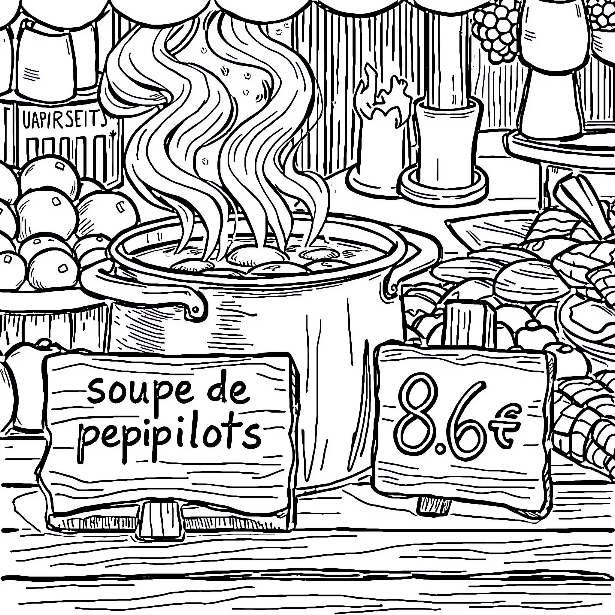 Pot of Steaming Soup for Sale Coloring Page (free black-and-white line drawing printable PDF for all, from beginners to advanced learners, including children, teens, adults, and seniors)