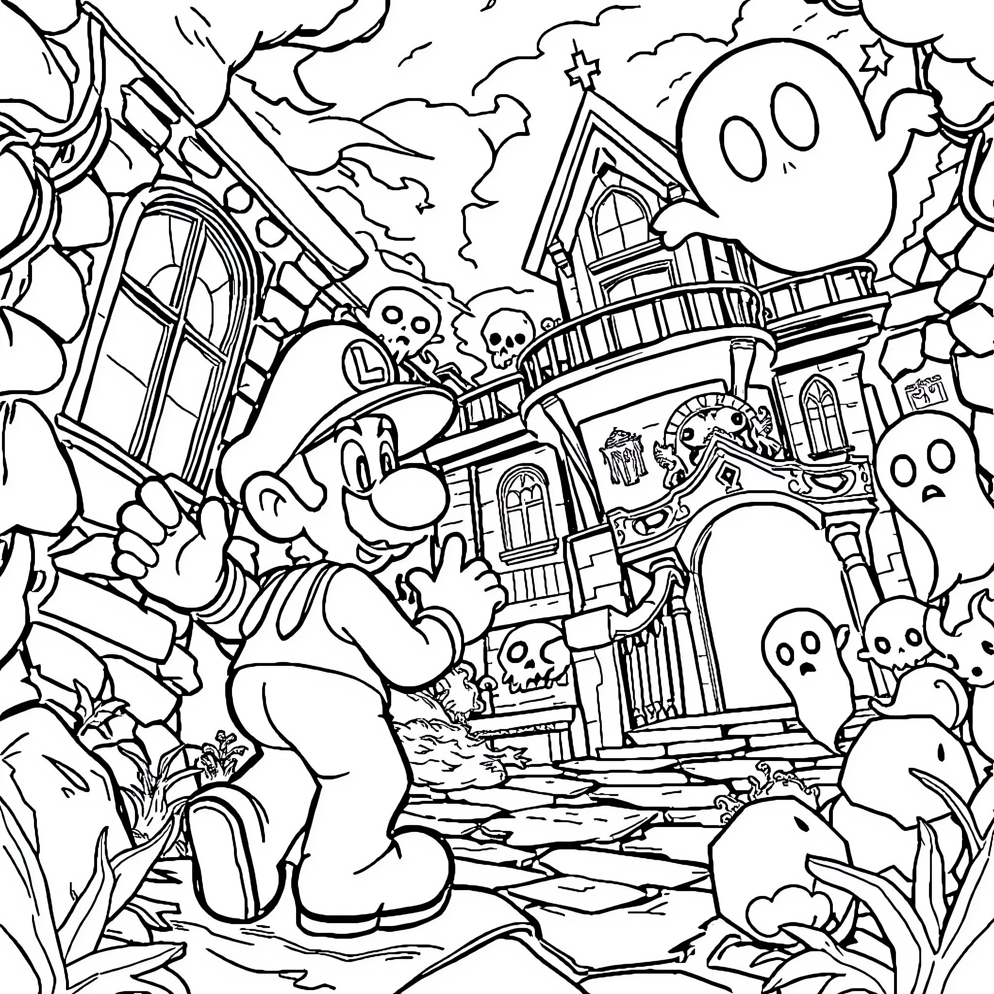 Luigi's Haunted House Adventure Coloring Page (free black-and-white line drawing printable PDF for all, from beginners to advanced learners, including children, teens, adults, and seniors)